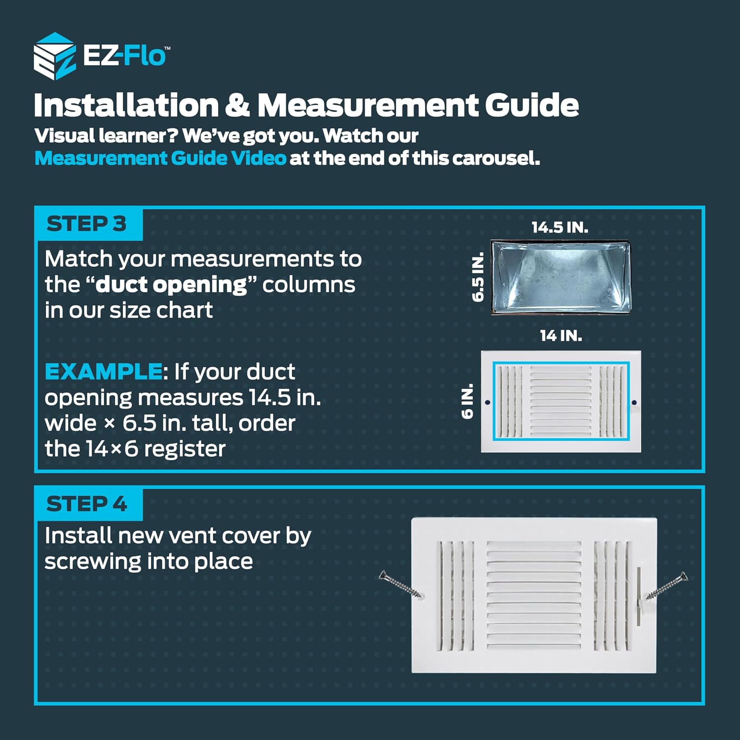 EZ-FLO 14 x 6 Inch (Duct Opening) Air Vent Cover for Wall or Ceiling, Three-Way Ventilation Register, Solid Steel HVAC Register Cover, White, 61616
