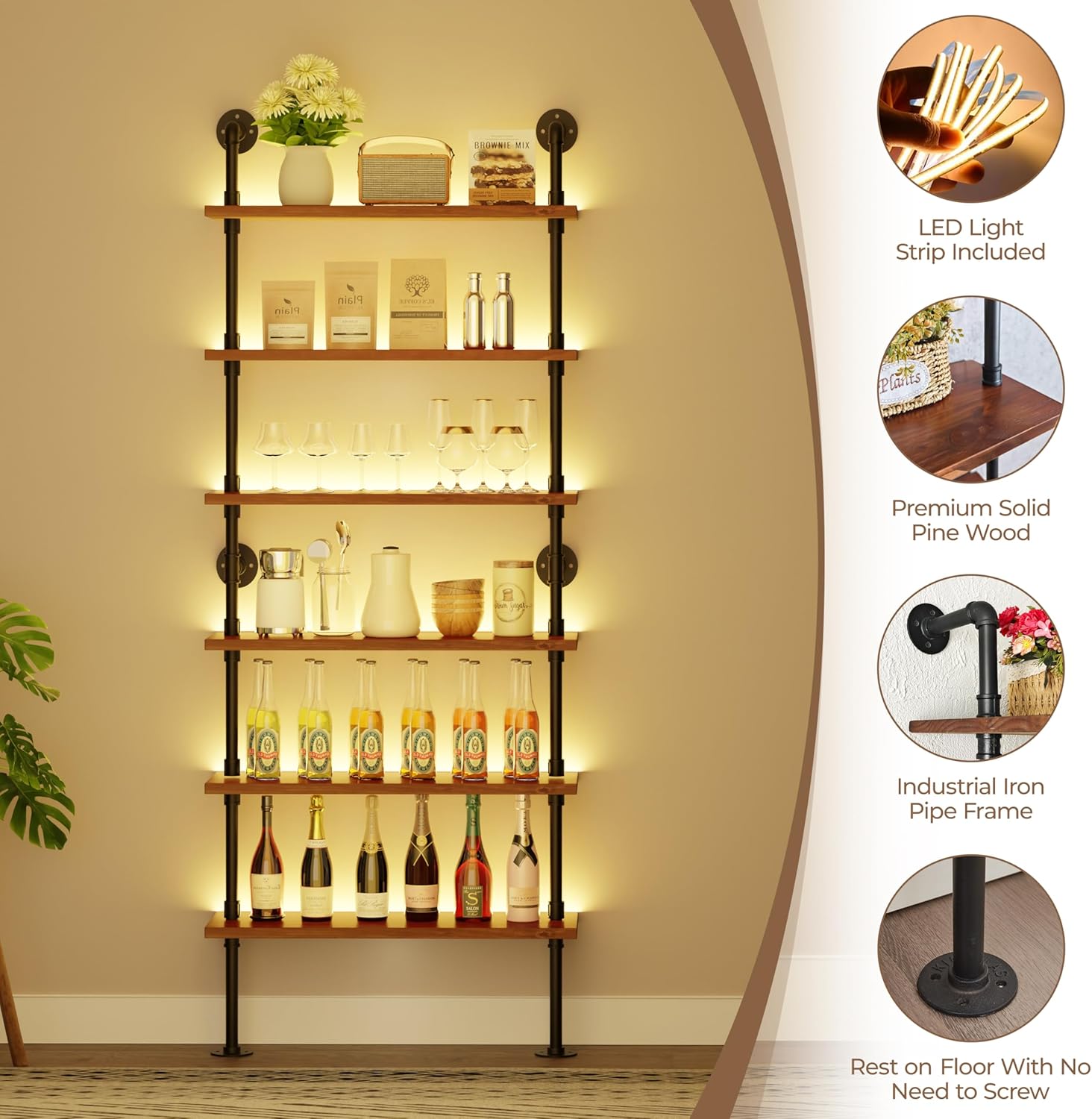 6 Tier LED Wall Mounted Bookshelf with Light Strip, 36 Inch Industrial Pipe Shelf, Lighted Solid Wood Ladder Bookcase for Living Room, Kitchen, Office (Walnut, 10" D x 36" W x 82.5" H)