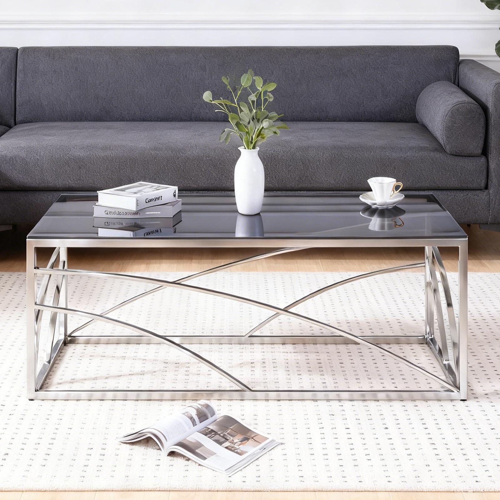 JaHECOME Glass Coffee Table Silver Center Side Table Tempered Glass Top Stainless Steel Frame Modern Rectangular Tea End Table