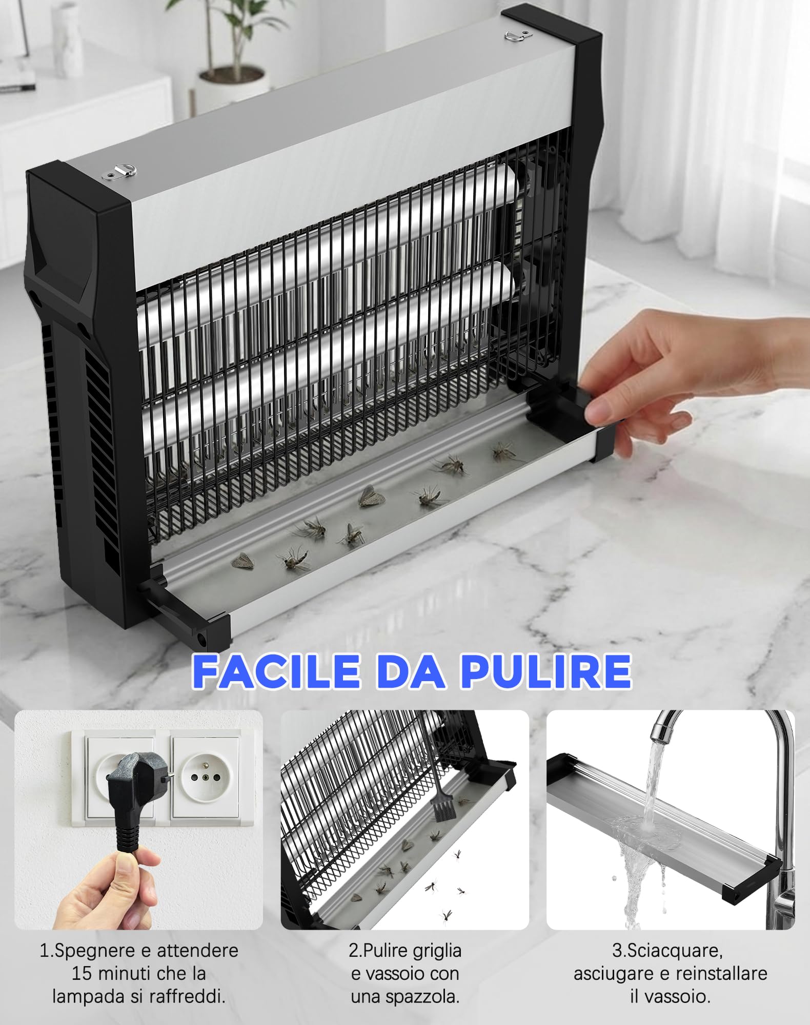 Lampada Antizanzare Elettrica 20W, Zanzariera Elettrica 2500V per Interno, Superficie Coperta 80 m², Ammazza Mosche Elettrico, Acchiappa Insetti per Casa, Cucina e Giardino