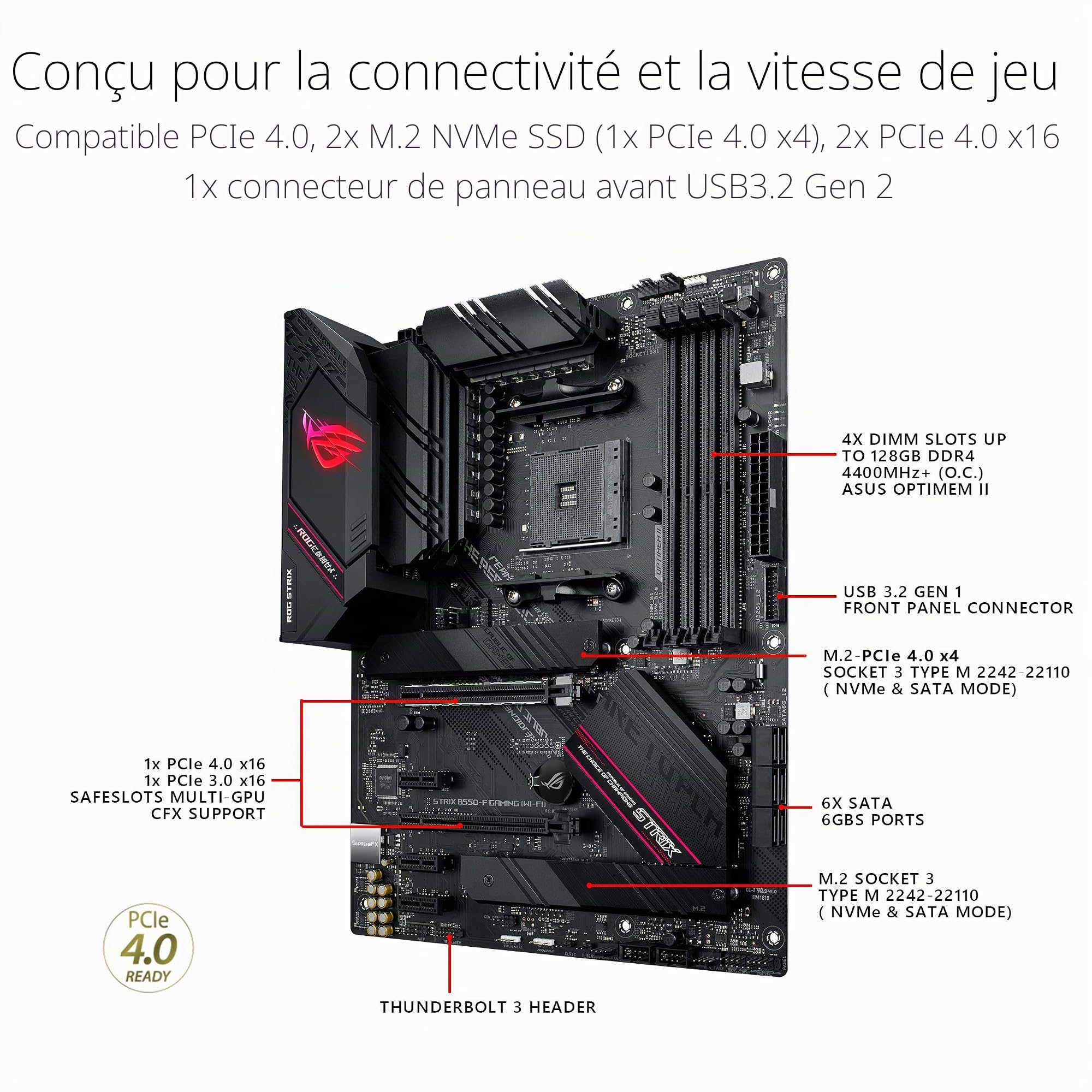 ASUS ROG Strix B550-F Gaming Carte mère AMD AM4 ATX avec WiFi 6, PCIe 4.0, LAN 2,5 Go, HDMI 2.1, Aura Sync