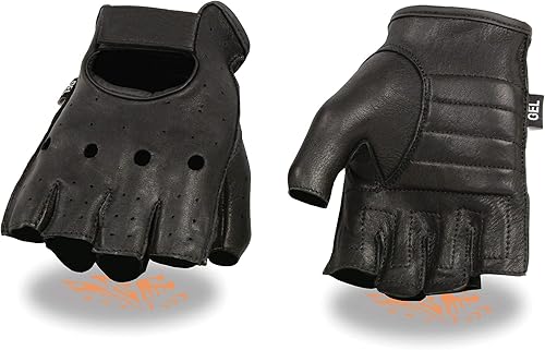 Milwaukee Leather SH851 Men's Black Leather Gel Padded Palm Fingerless Motorcycle Hand Gloves Made W Genuine USA Deerskin