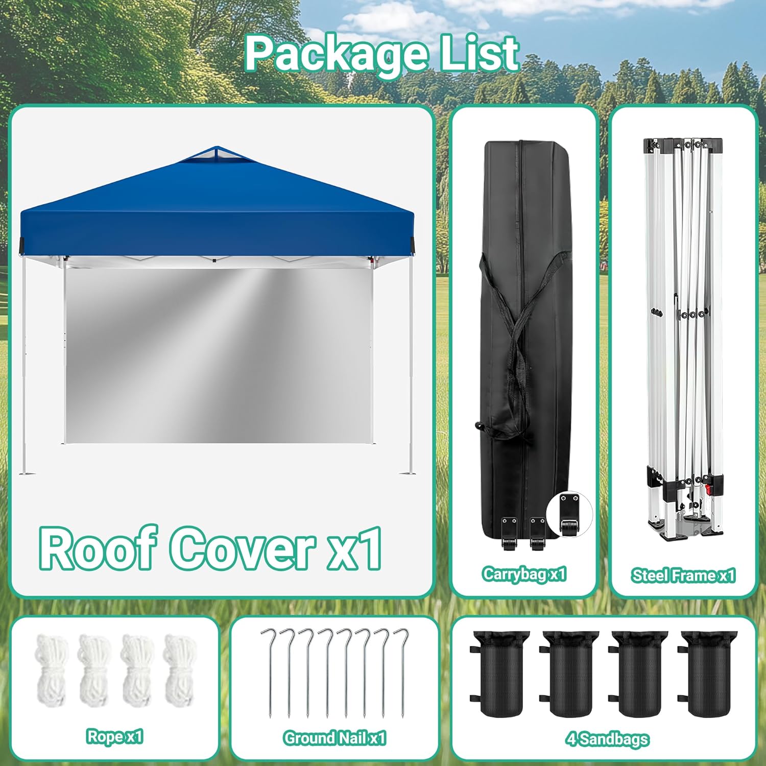 10X10FT Blue Pop Up Canopy Tent with 1 Sidewalls & Roller Carrybag for Sun Shade and Waterproof, Outdoor Adjustable Height Instant Shelter Gazebo with Sandbags for Camping, Patio, Backyard, Events