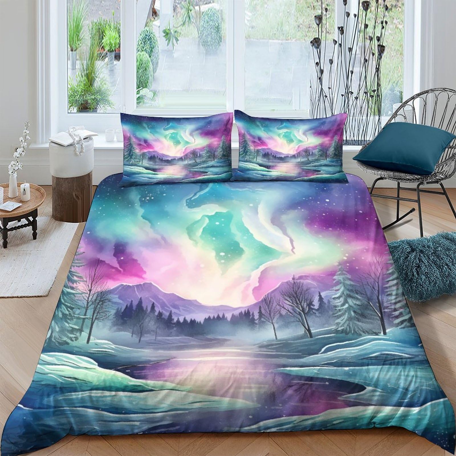 Parure de lit microfibre aurores boréales confort absolu pour lit 2 personnes