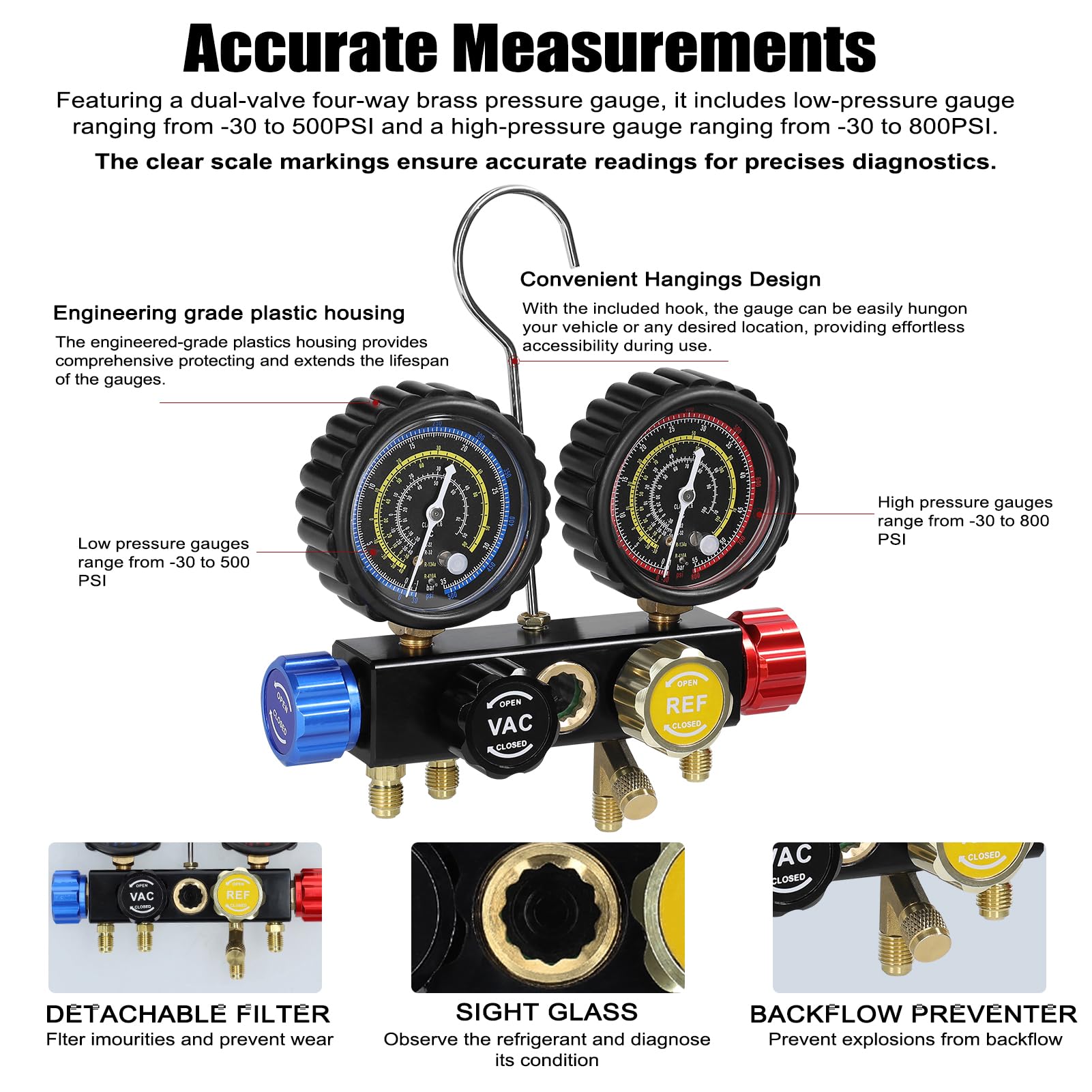 Weytoll Kit Ricarica Aria Condizionata Auto con 1.5m Tubi per Auto Strumenti Diagnostici, manometro a doppio valore a 4 vie per refrigerante R22/R134a/R410a
