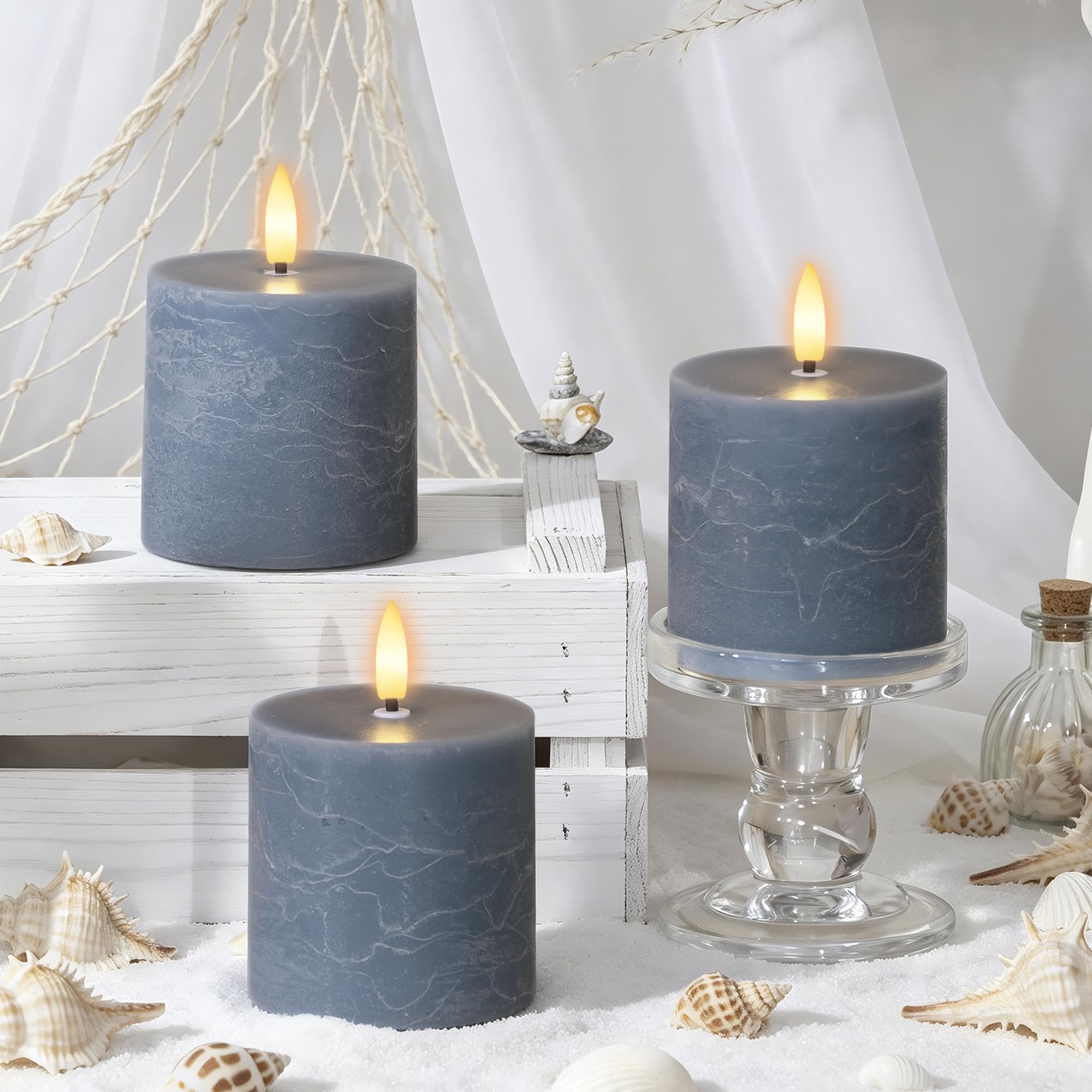 Blue Flameless Pillar Candles with Remote, Real Wax LED Candles, Set of 3