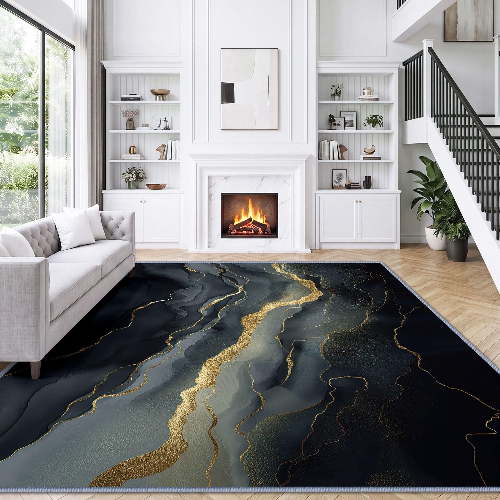 Zmywalny dywan z abstrakcyjnego marmuru, do salonu, 140 x 200 cm, akwarela, złote żyłki, antypoślizgowy dywan z krótkim włosiem, dywan do sypialni, mata podłogowa do jadalni, kuchni, domu, biura