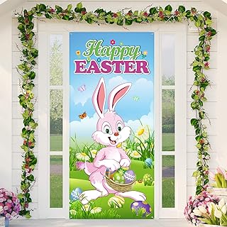 Easter Bunny Decorative Banner Door Cover, Large Fabric Colorful Easter Bunny and Eggs Decorations for Easter Party Photo Booth Background Favors Supplies, 35 x 78 Inches