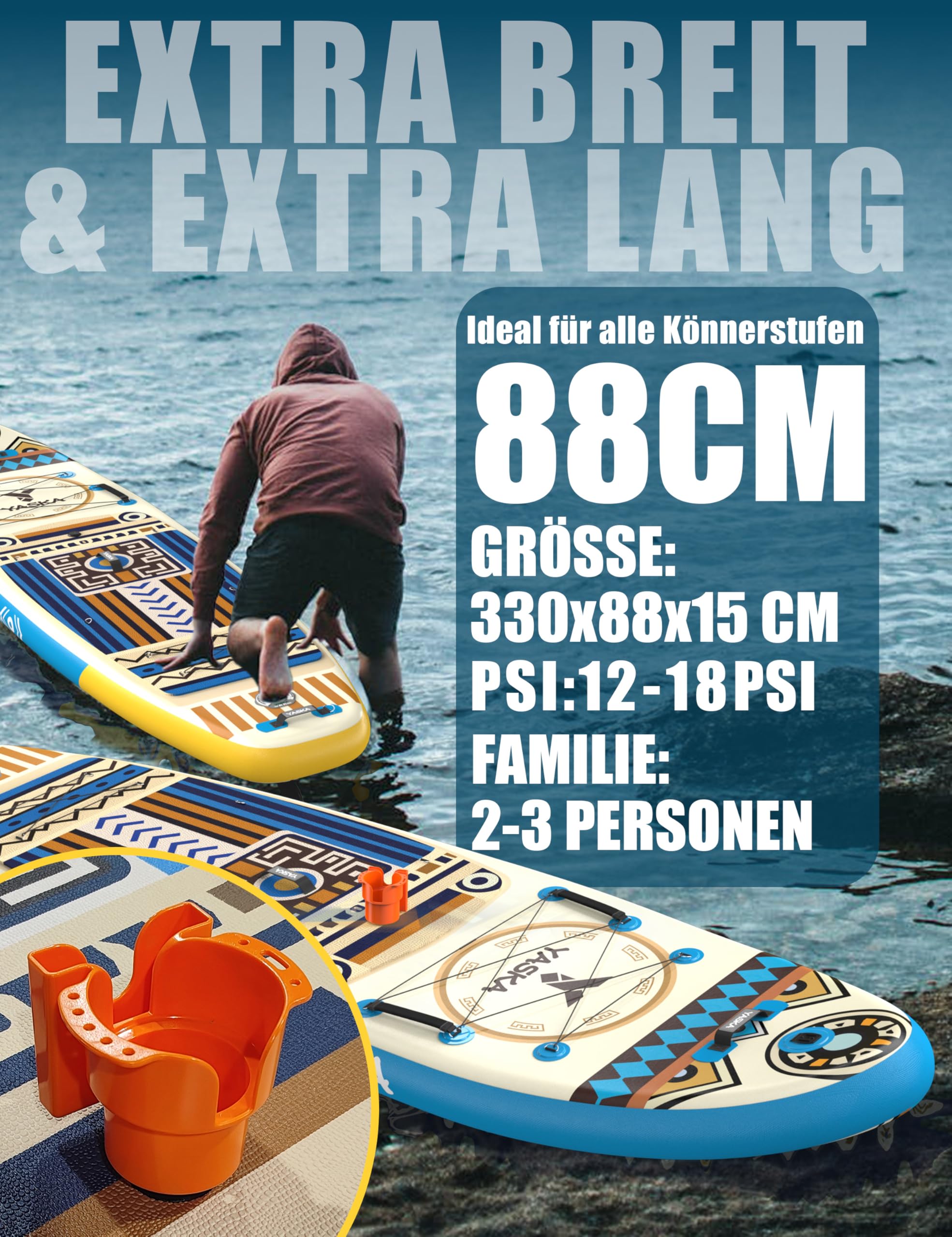 Yaska SUP Gonfiabile Adulti con Tutti gli Accessori e Portabicchiere,335cm Stand up Paddle Gonfiabile per Tutti i Livelli di Abilità,Paddle Board con Capacità di 200kg per 2 Persone