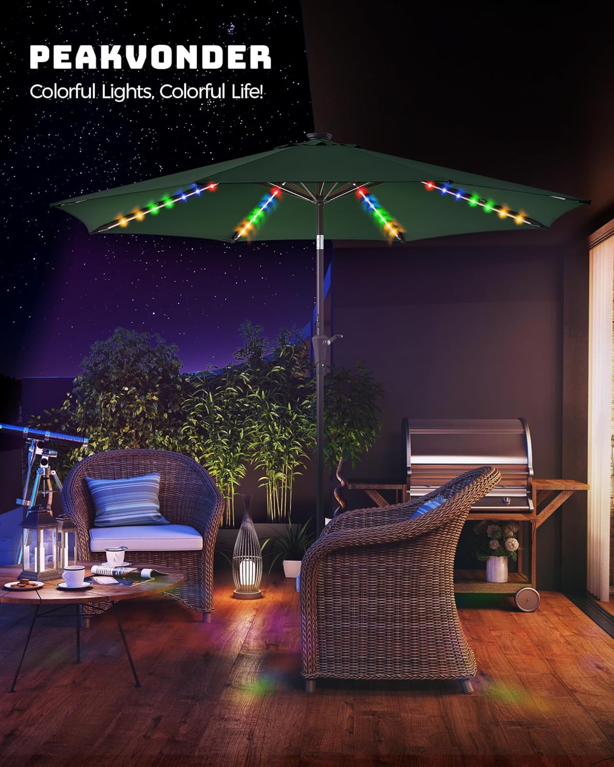 7.5/9/10 ft Outdoor Patio Umbrella with Solar Lights - Small Heavy Duty Beach/Table/Pool/Deck/Market Umbrella, Dual Charging, Tilt, APP & Button Control, UV/Fade-Resistant