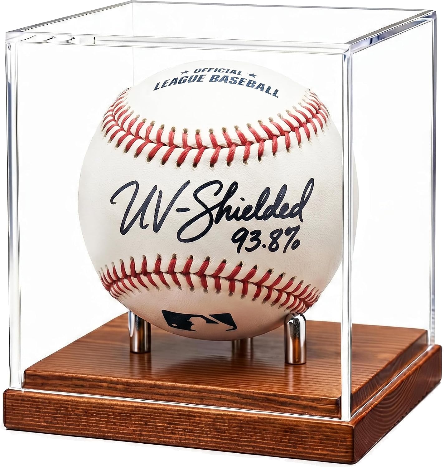 Happyseason Baseball Display Case, SGS-Tested 93.8% UV Protection | (290–400nm Full Range) UV-Protected Acrylic, Solid Wood Base, Stainless Steel Pegs, Autographed Single Baseball Holder