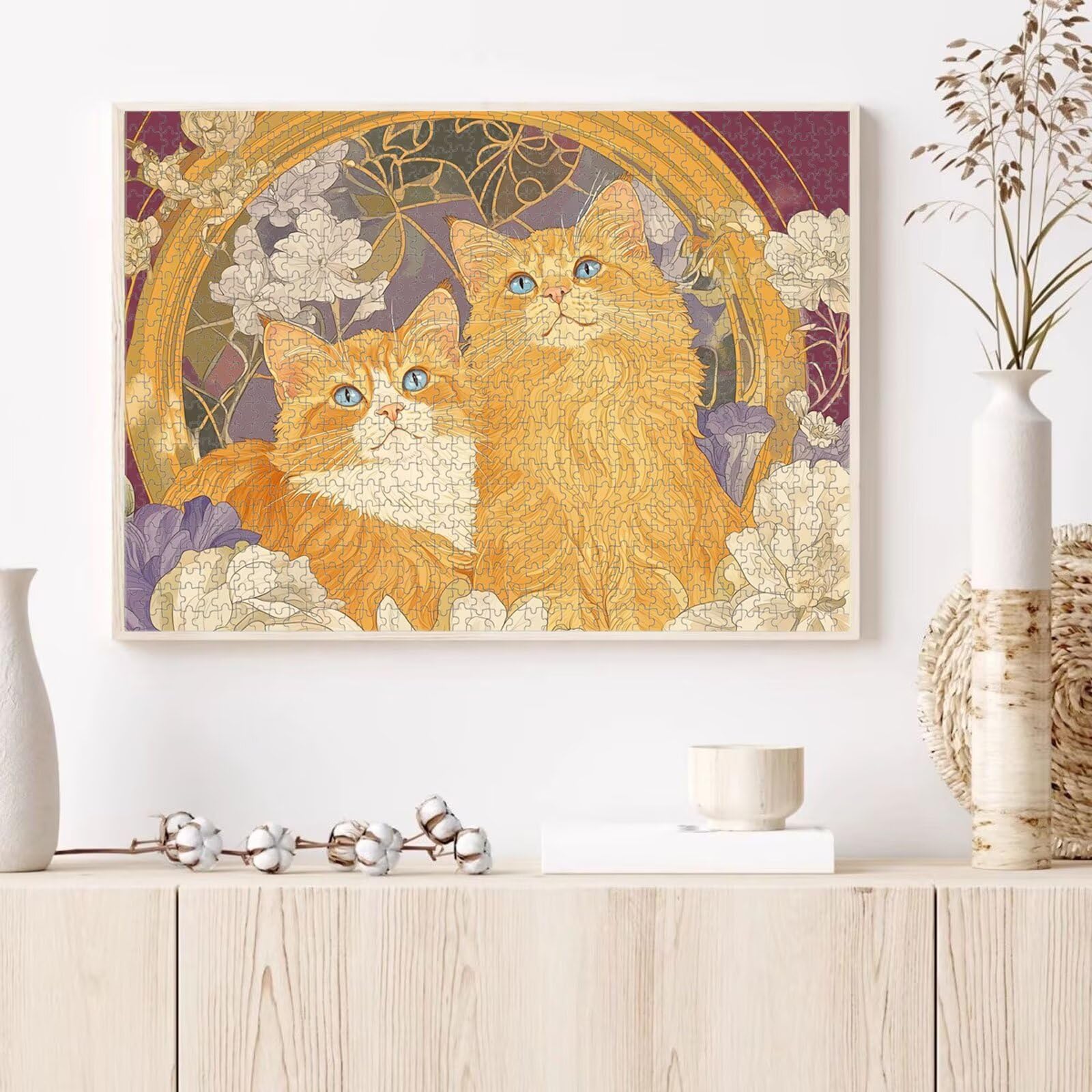 1000 elementów puzzle dla dorosłych kwiat i kot solidne drewniane puzzle 1T#543 | Drewniane puzzle, precyzyjne cięcie, jasne atramenty, relaksujący wypoczynek, wystrój domu, prezent, 50x75cm