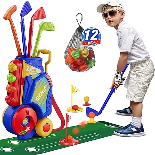 HYES Juego de golf para niños pequeños, palos de golf mejorados para niños con 12 pelotas, tapete de putt, correa para el hombro, juguetes