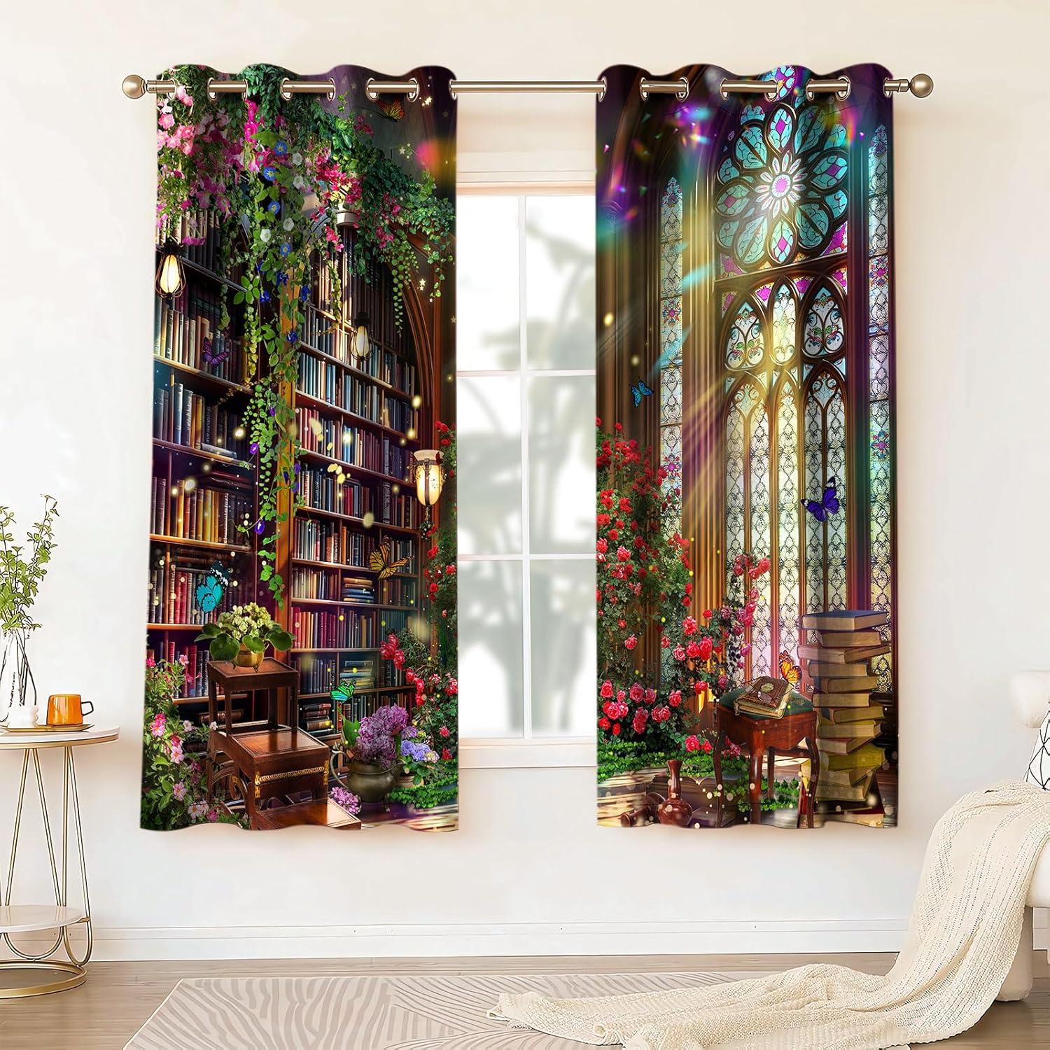 Fantasy Library Blackout Curtains,Bookshelf Magic Book Butterfly Print Curtain,4263inch Medieval Stained Glass Fairy Tale Floral Drapes for Bedroom Living Room 2Panel HI044YL