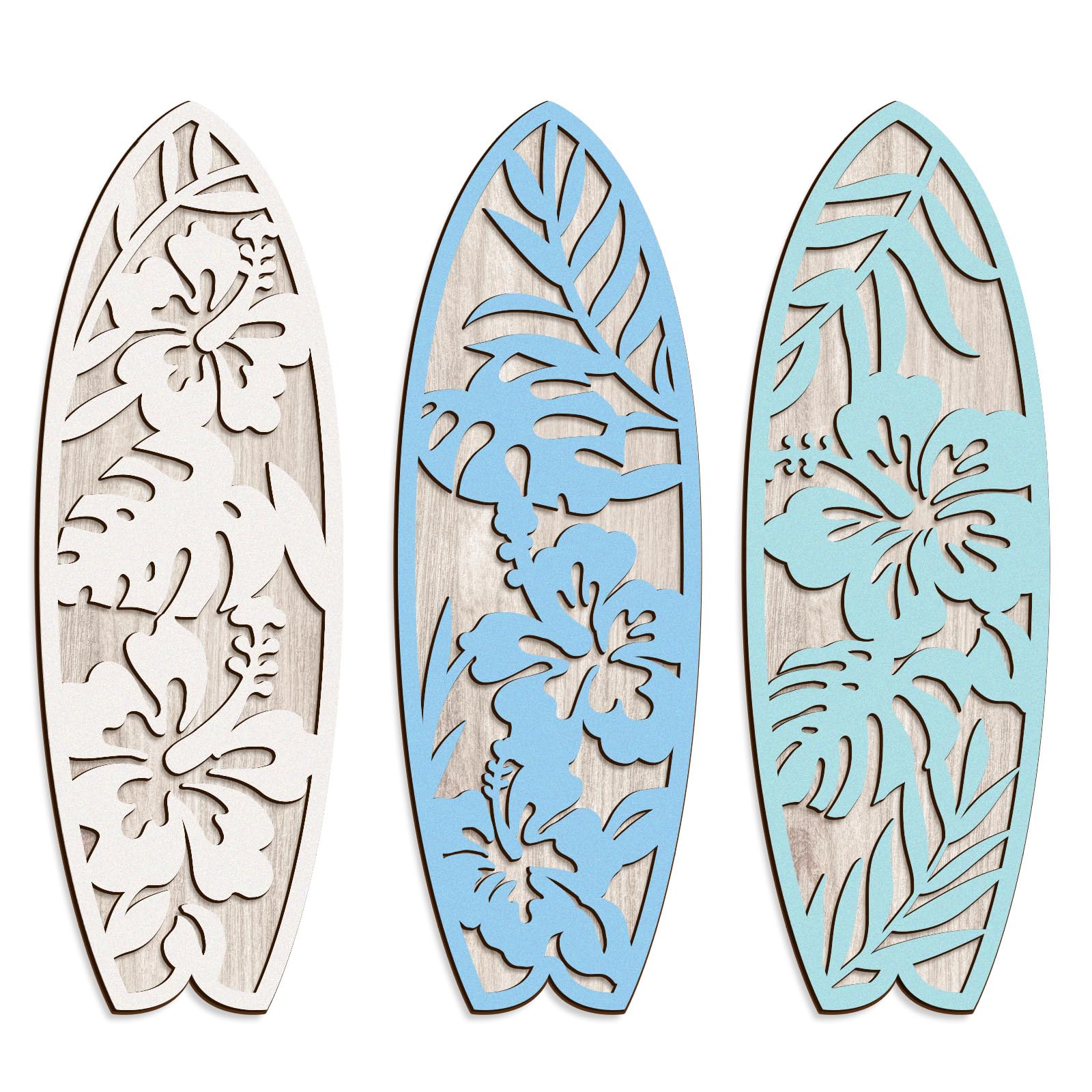 COLOR VALLEY ART 3 Pieces Hibiscus Surfboard Decor for Bedroom Wooden Beach Wall Decor Summer Wood Surfboard Wall Hanging Sign for Tropical Living Room Decoration, 4''Lx12W''*3 (Blue)-image-3
