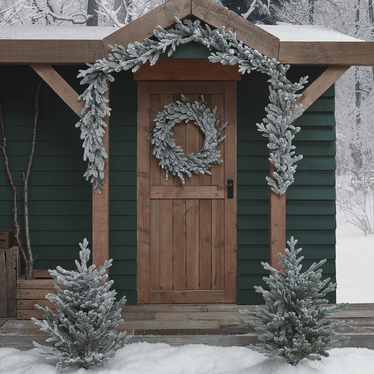 Lights4fun 3-in-1 Weihnachtsdeko Set LED beleuchtet Künstliche Girlande Weihnachtskranz beleuchtet Weihnachtsgirlande Tannenbaum Außen Deko Weihnachten