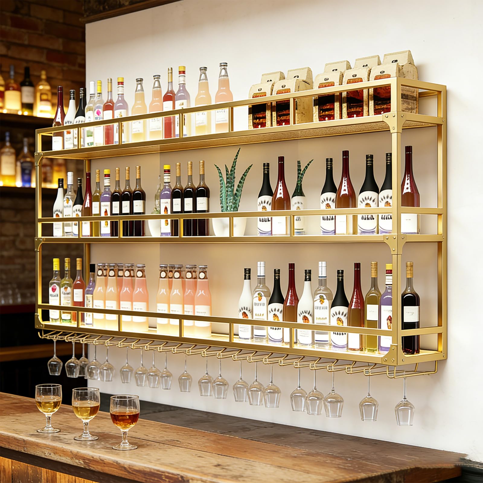 Rvtjy 180CM Wall Mounted Wine Rack with Glass Holder GOLD