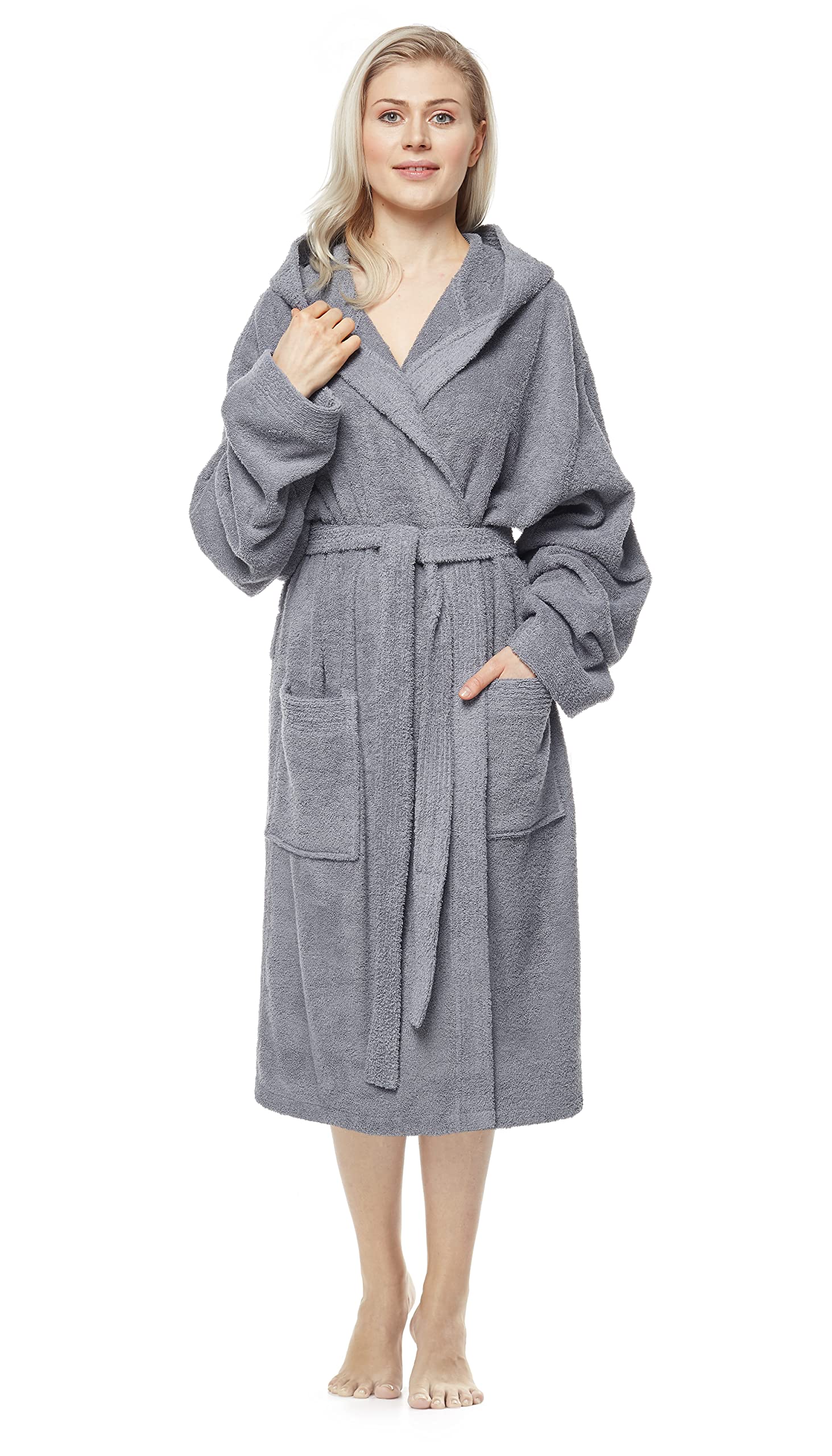 Arus Women's Grey Bathrobe With Hood, Calf-Length, 100% Cotton Terry, S-M