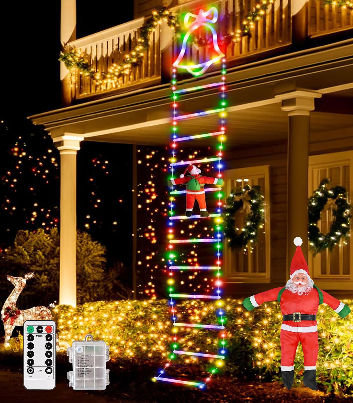 Guirnalda Luces de Navidad - 3 Metros LED Escalera Pilas Luces Navidad Exterior con Papá Noel, 8 Modos Luz Luces de Navidad Decoracion con Control Remoto Exterior Interior para Habitacion,Balcon