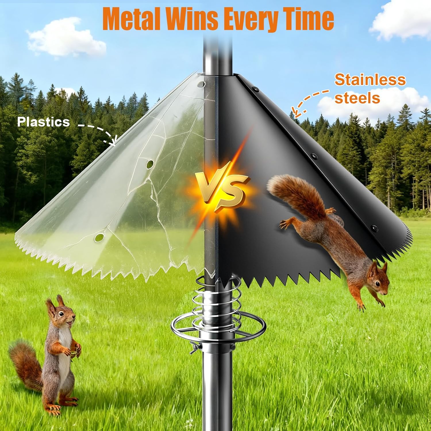 metal squirrel baffle for bird feeder pole, 18 inch wide heavy-duty, universal fit for 0.5-1.5 inch poles, weatherproof & chew-proof squirrel deterrent, bird house guard for outdoor shepherd’s hook
