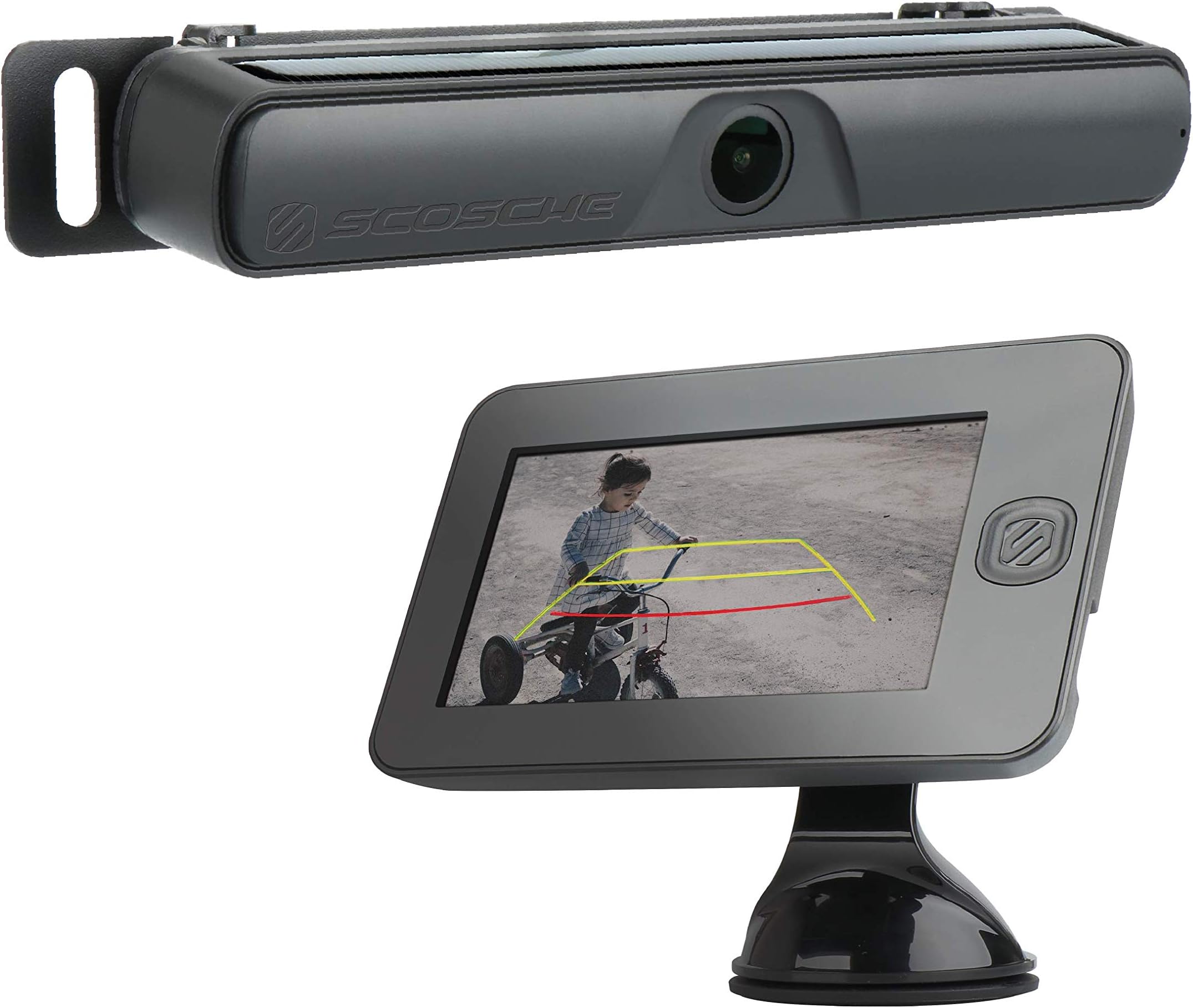 SCOSCHE WBUSSPF43 Wireless Solar Powered Backup Camera System with 4.3” Color Dash Monitor and License Plate Frame for Cars, Trucks and SUV’s