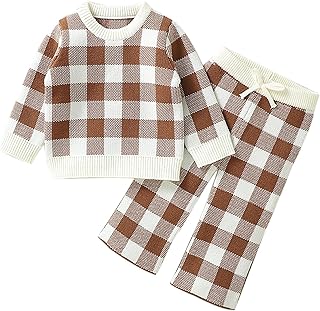 y el invierno bebé Checker punto cuello redondo Top + pantalones de pierna ancha traje de dos PC Set bebé niña conjunto