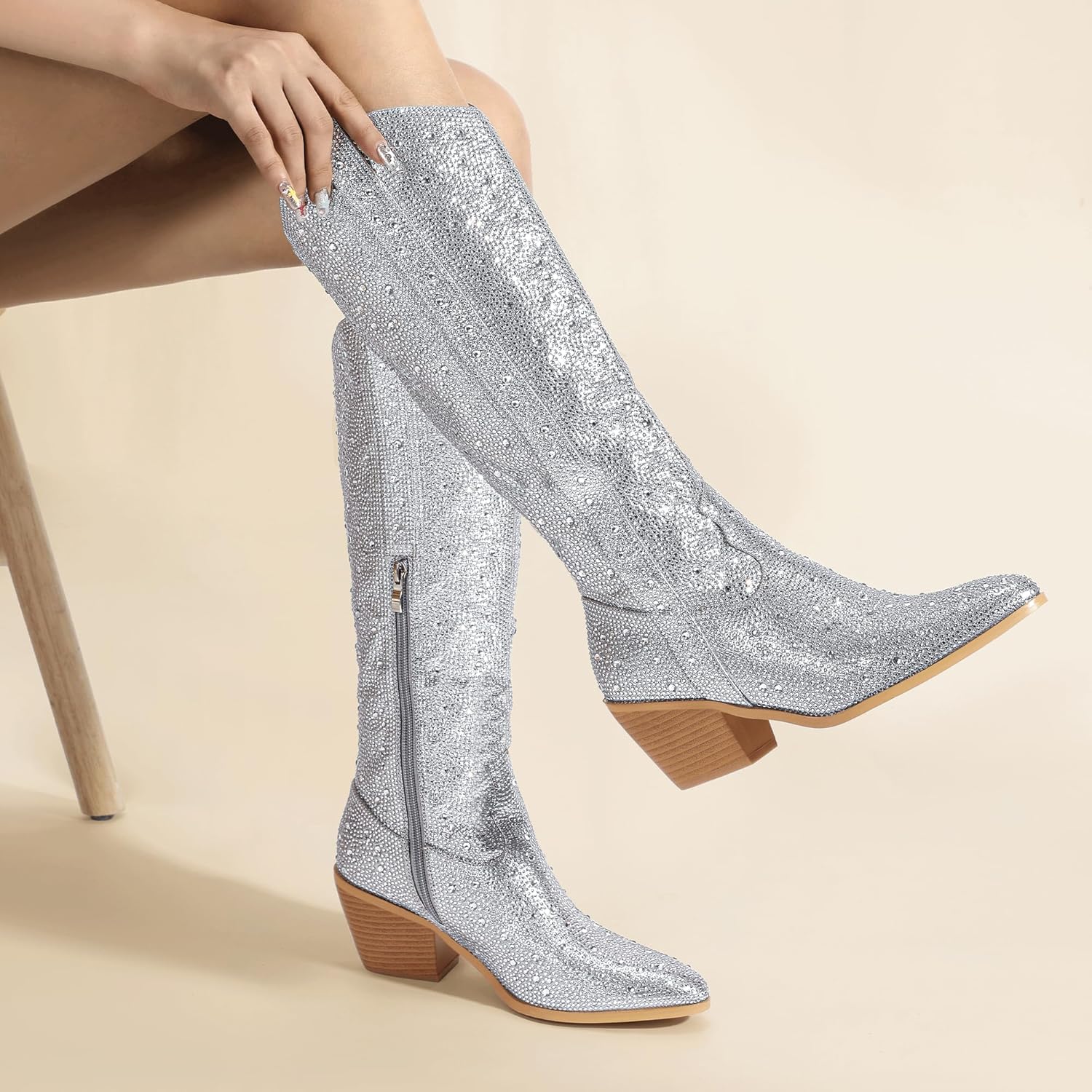 IDIFU IN3 Rhinestone Cowboy Boots For Women Knee High Western Cowgirl Boots Pointed Toe Block Chunky Heels Sparkly Glitter Long Tall Dress Booties Party Bling Shiny Boots - Image 2