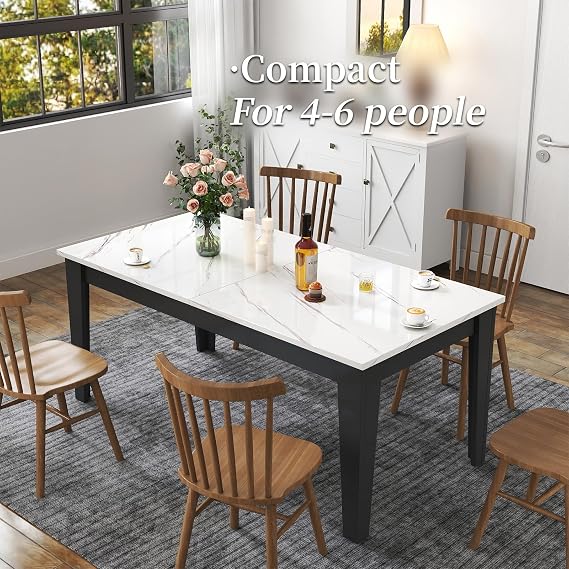 JOYSOURCE Extendable Kitchen & Dining Room Tables for 4-10, Large 71-106'' Adjustable Rectangular Extra Long Dinner Table, Black & White (Black Legs, White Marble Tabletop)
