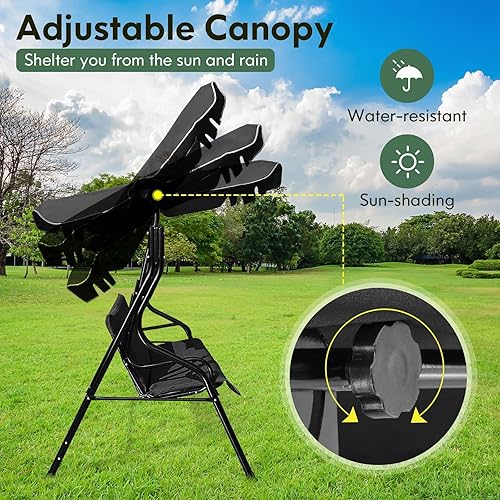 Miniatura 4 de Columpio de porche al aire libre, columpio de patio para 3 personas con cojín extraíble, soporte y toldo ajustable, silla columpio resistente para