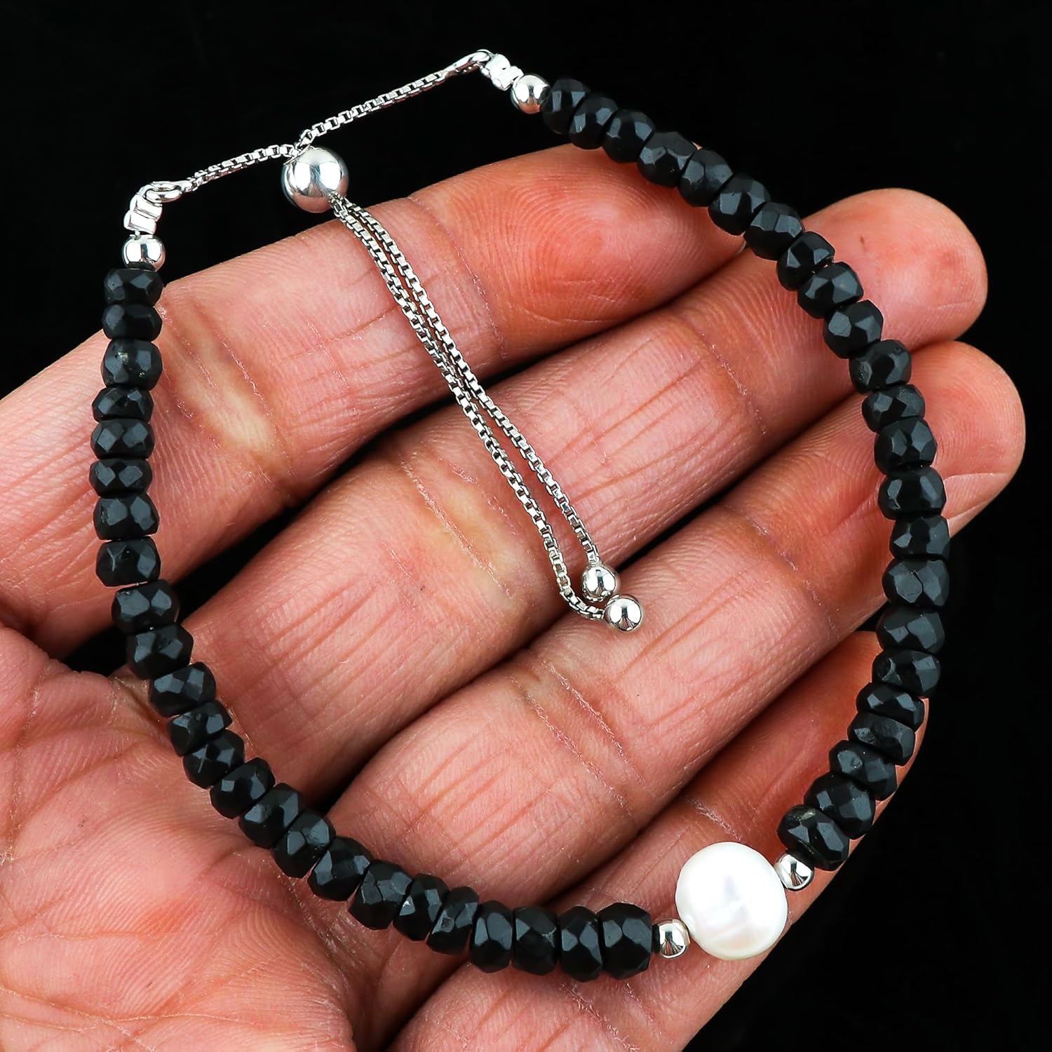 CRYSTALIS Natural Shungite Beads Slider Bracelet with Elegant Pearl, High Grade Beaded Crystals, Chakra, Healing Gemstone, Gift Giving Women Jewelry, 925 Sterling Silver Slider 10 inch - Image 5