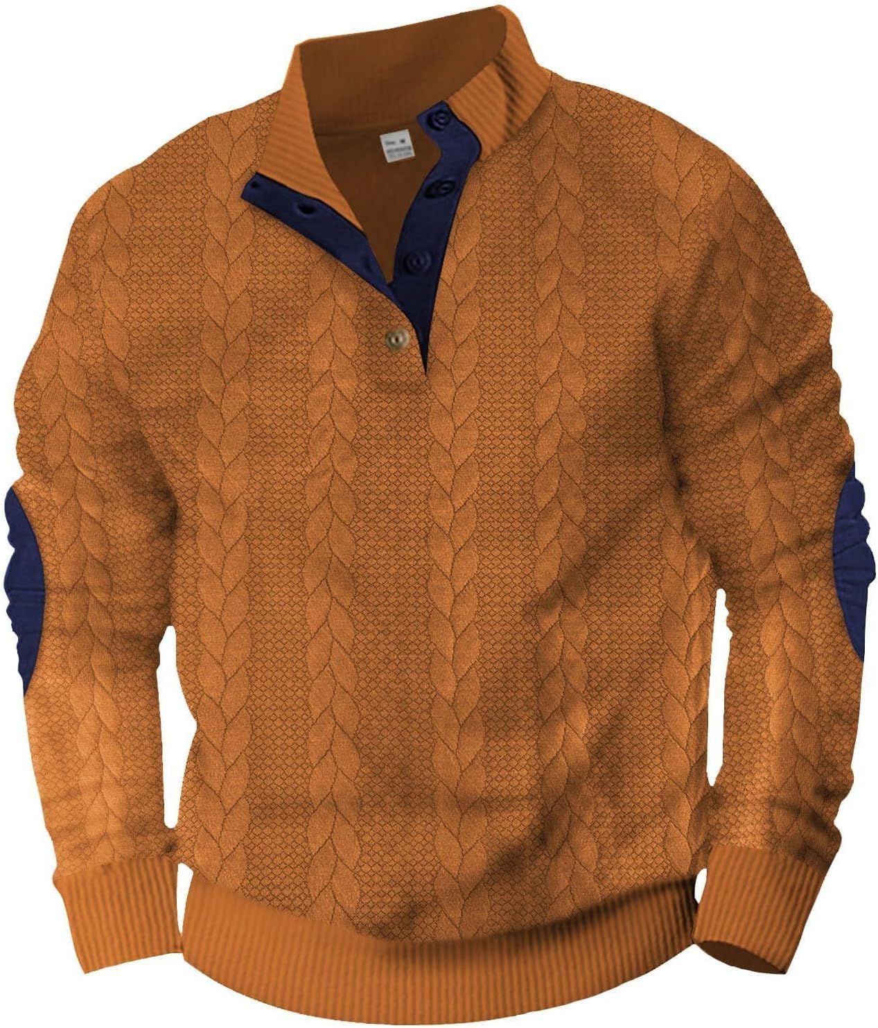 LOAIHA Mens Quarter Button Pullover Quilted Sweatshirt Casual Cable Knit Stand Collar Long Sleeve Elbow Patches Sweatshirts