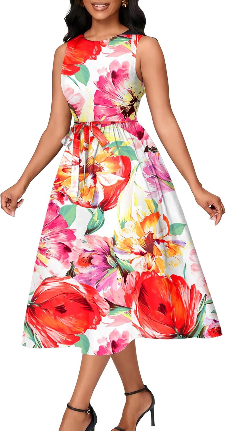 Nmoder Women Summer Dresses Sleeveless Swing Vacation Sundress A-Line Floral Crewneck Casual Midi Dress with Pockets