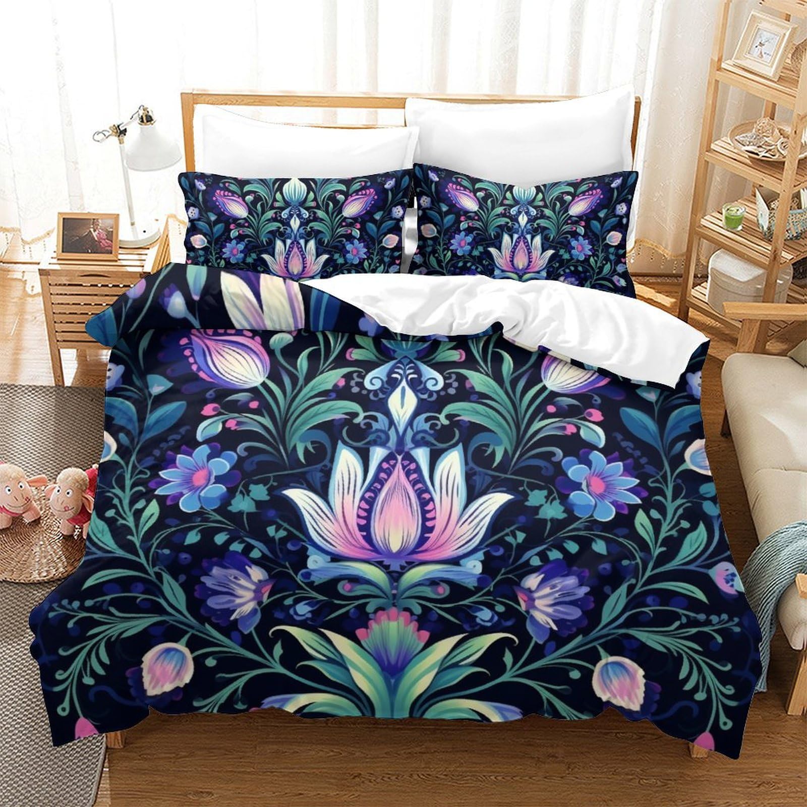 Housse de couette fleurs 220x240 avec parure de lit 3D microfibre king size et taie d'oreiller