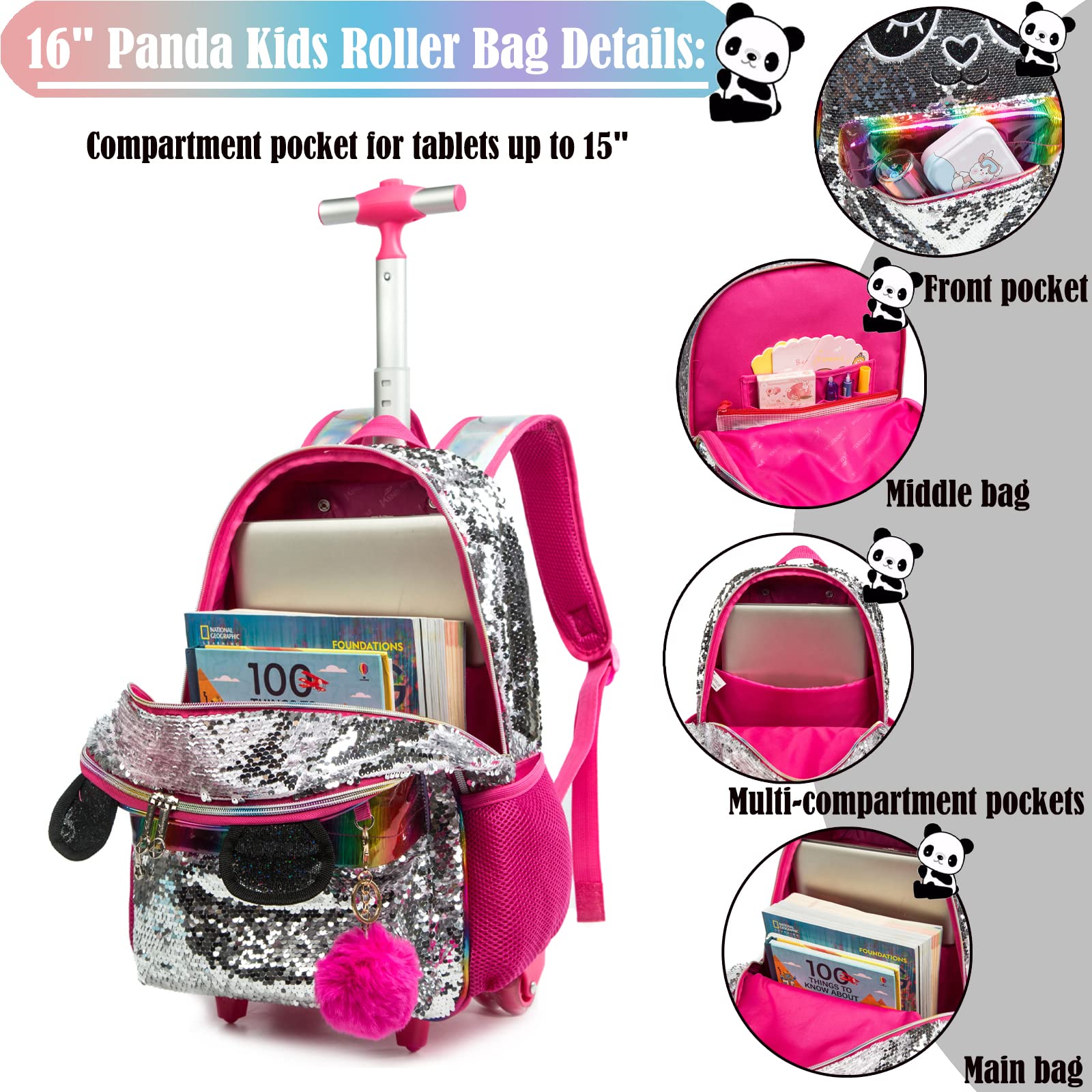 Mochilas Escolares con Ruedas Para Niñas,3PCS Mochila Carro Bolsa del Almuerzo y Estuche de Lápices Bolsos Escolares Para Chicas,16" Maleta Niños con Ruedas de Sirena Morada para Niñas con Lentejuelas
