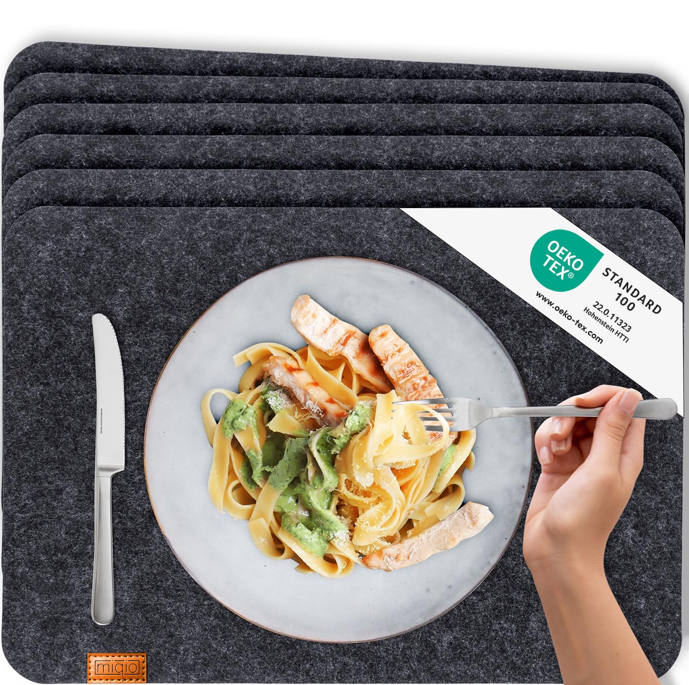 Miqio - Design Felt Place Mat | Brand Label Made of Genuine Leather | Set of 6 Place Mats (Dark Grey Anthracite) Washable | Felt Mat Table Coasters Place Mats Wipeable