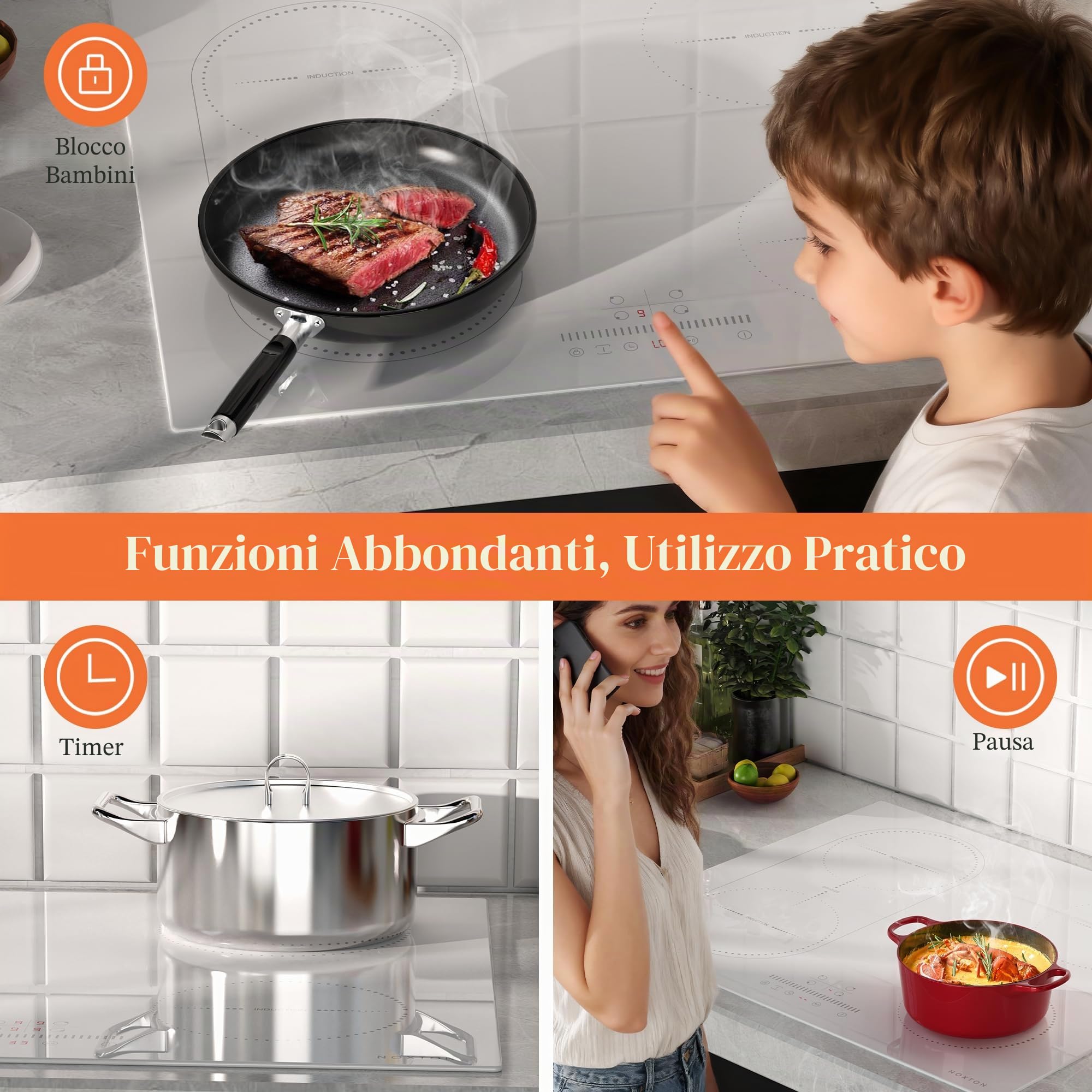 NOXTON Piastra a induzione bianca, 4 fuochi, 60 cm, zona flessibile | Funzione Boost, comandi scorrevoli, funzione di isolamento termico, cronometro, 60 cm, 3500 W, con spina