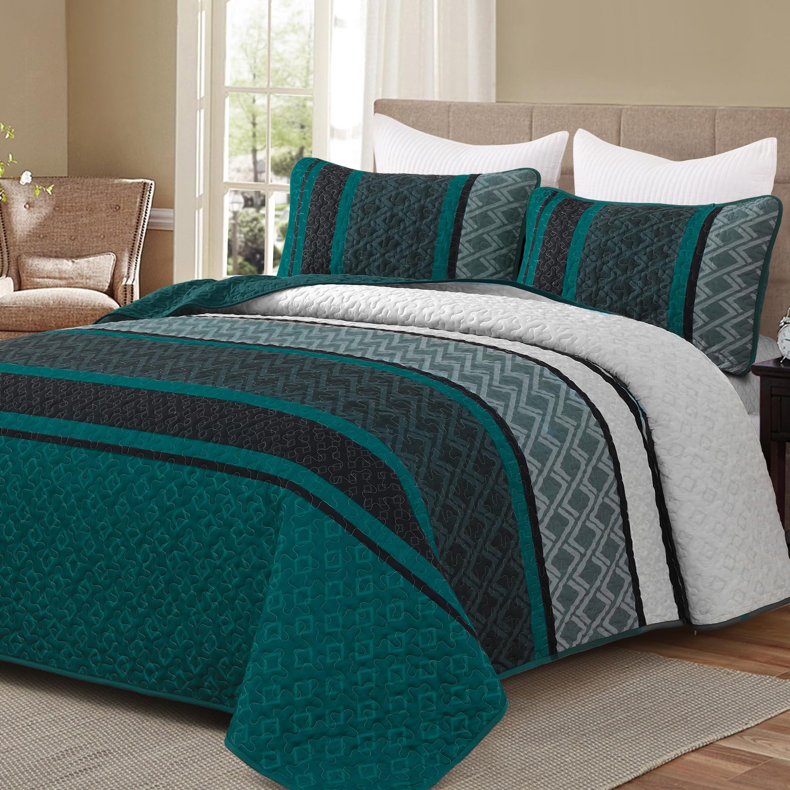 Dinjoy Boho Quilt Set King, Striped Bedspread, Dark Green