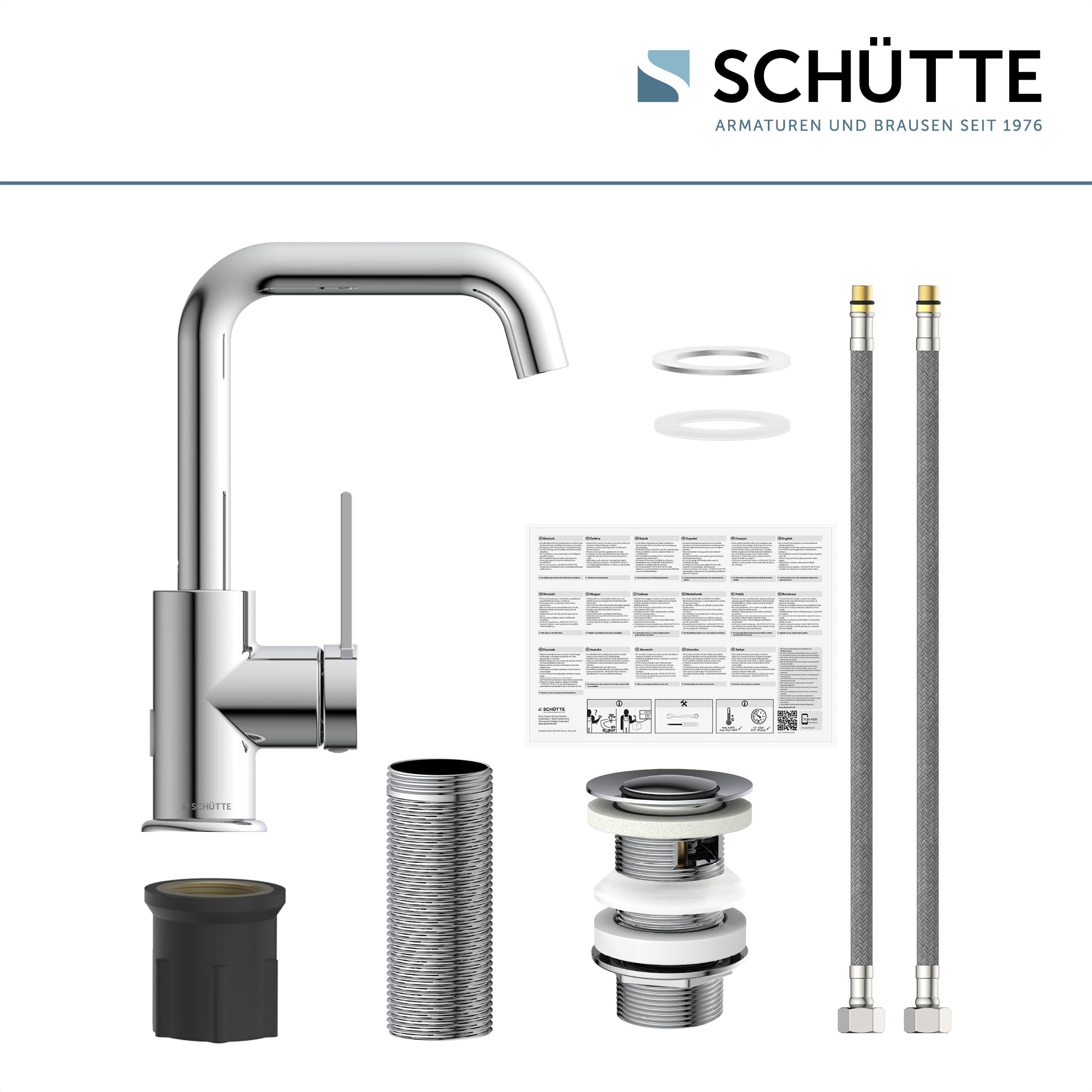 SCHÜTTE 33120 Waschtischarmatur LOS ANGELES mit hohem Auslauf, Wasserhahn für das Bad mit Pop-Up Exzenter, Waschbeckenarmatur hoch, Badarmatur mit Einhebelmischer, Mischbatterie in Chrom