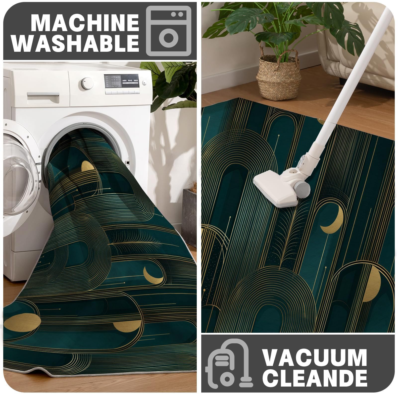 Tapis Rond Antidérapant 180cm, Doux Moelleux Lune Lignes Dorées Imprimé Style Art Déco Lavable Poil Bas Cyan Foncé Tapis de décoration, pour Décoration Salle à Manger Chambre Canapé