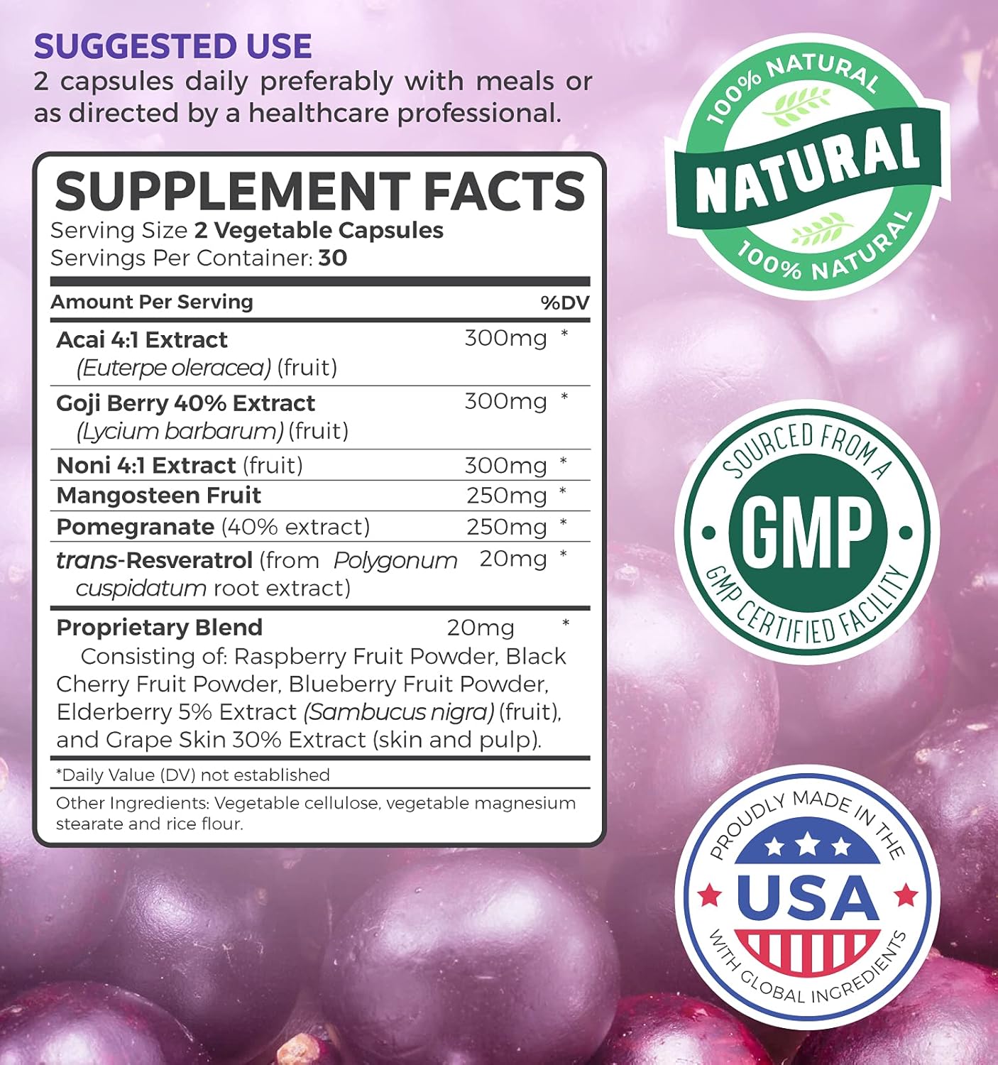 Super Antioxidant Supplement - Powerful Super Food Antioxidants Blend - Acai Berry, Goji Berry, Pomegranate & Trans Resveratrol - Natural Herbal, Fruit Formula - Skin Care - 60 Capsules : Health & Household