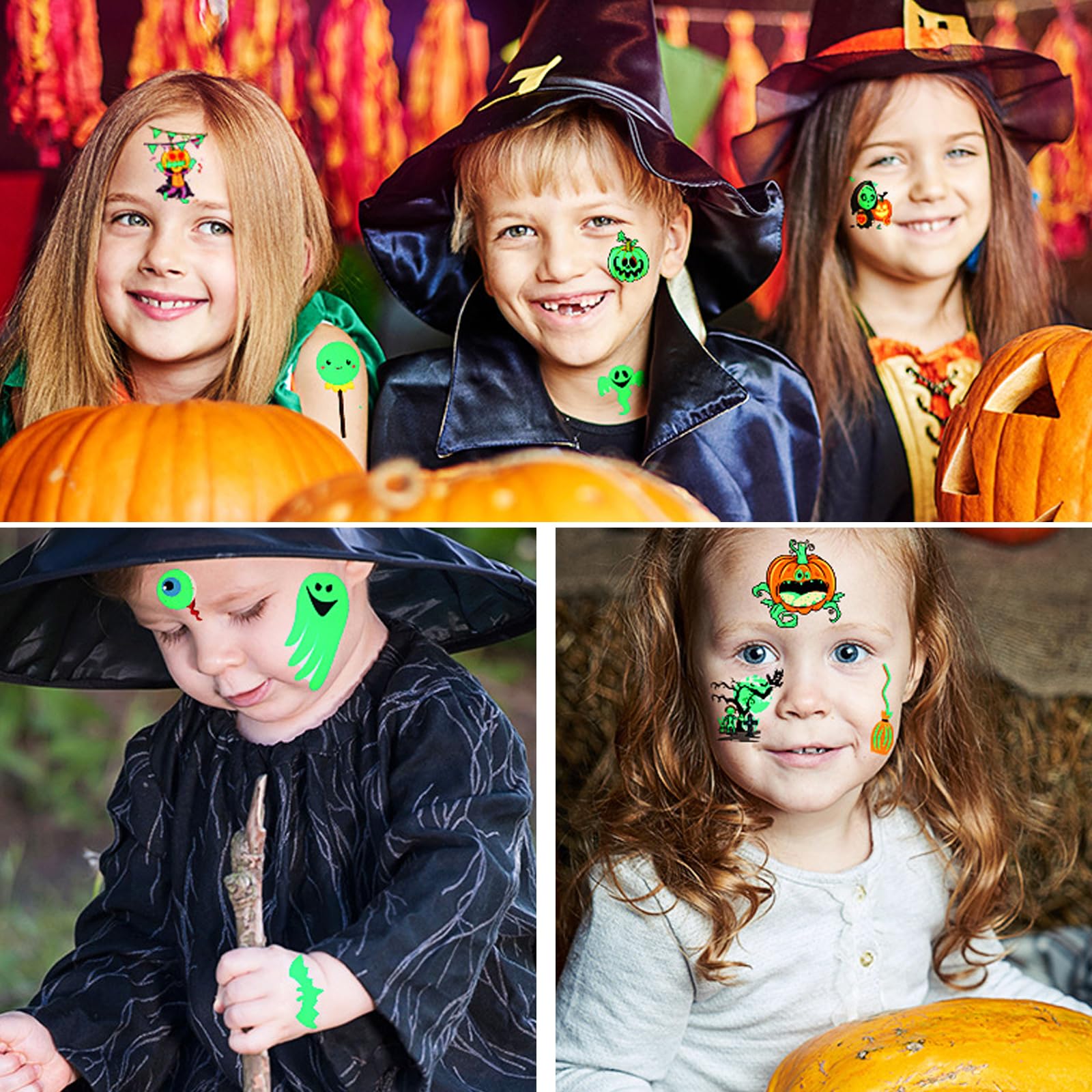 20 Tatuaggi Temporanei Per Bambini Halloween - Luminosi Al Buio - Adesivi Nero Per Festa Cosplay