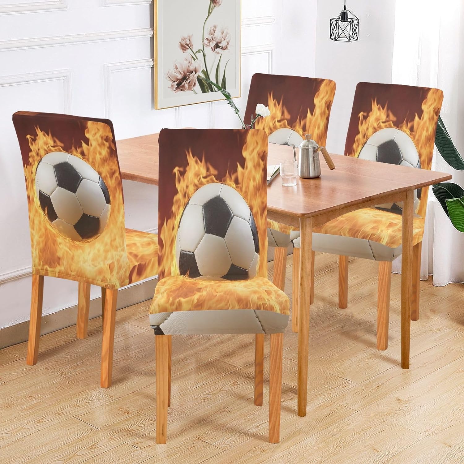 ALAZA Chair Covers for Dining Room, Fire Background Football Stretch Chair Cover Sets Chair Protector Removable Washable for Ktichen Restaurant Hotel