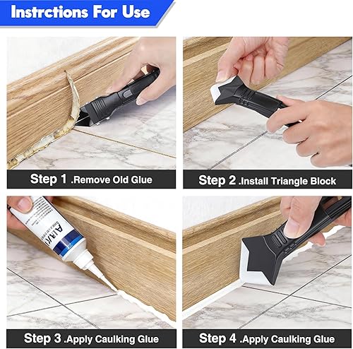 Miniatura 11 de Herramientas de calafateo de silicona 3 en 1, raspador de ángulo de pegamento de vidrio, removedor de calafateo de cabeza de acero inoxidable