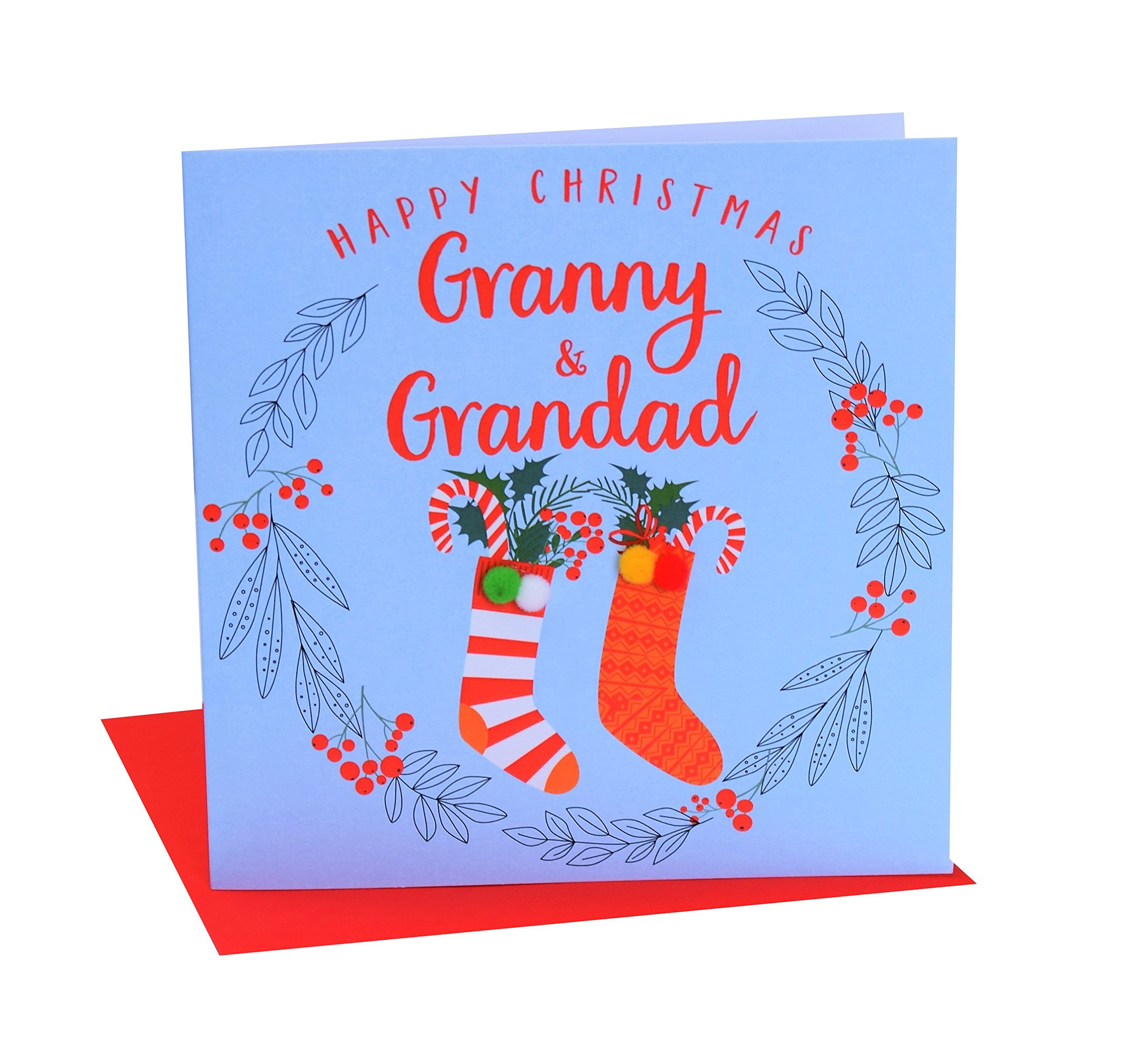 Claire Giles Greeting Cards, Happy Christmas Granny and Grandad Card, Laurel Wreath Design Xmas Greeting Card, Embellished with Colourful Pompoms