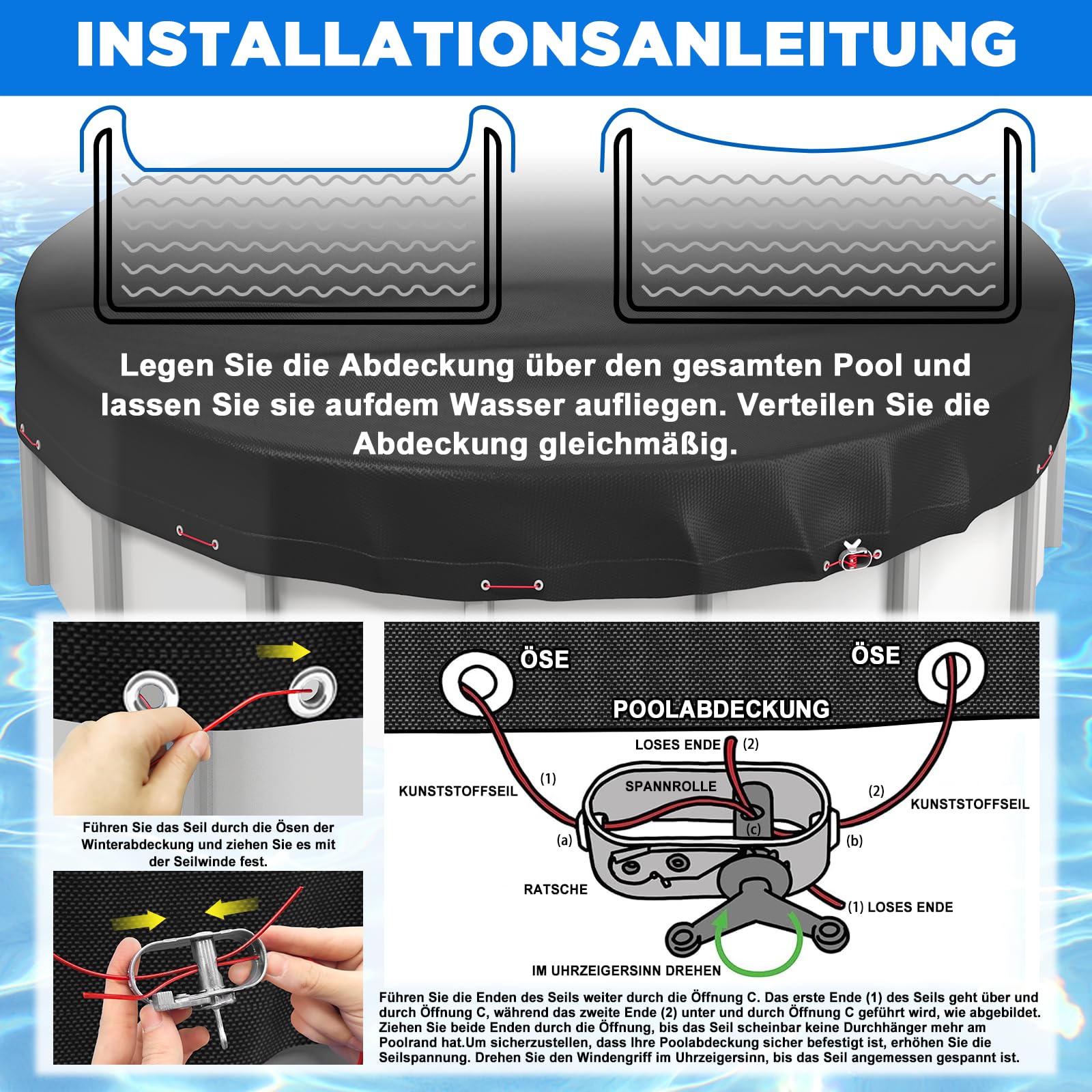 Poolabdeckung 366,Poolplane Rund,Poolfolie Robuste wetterfeste runde Abdeckung passend für runden Gartenpool, Staub- laub- und frostschützend,wärmedämmend,wasserdichte abdeckplane Pool Pool Abdeckung