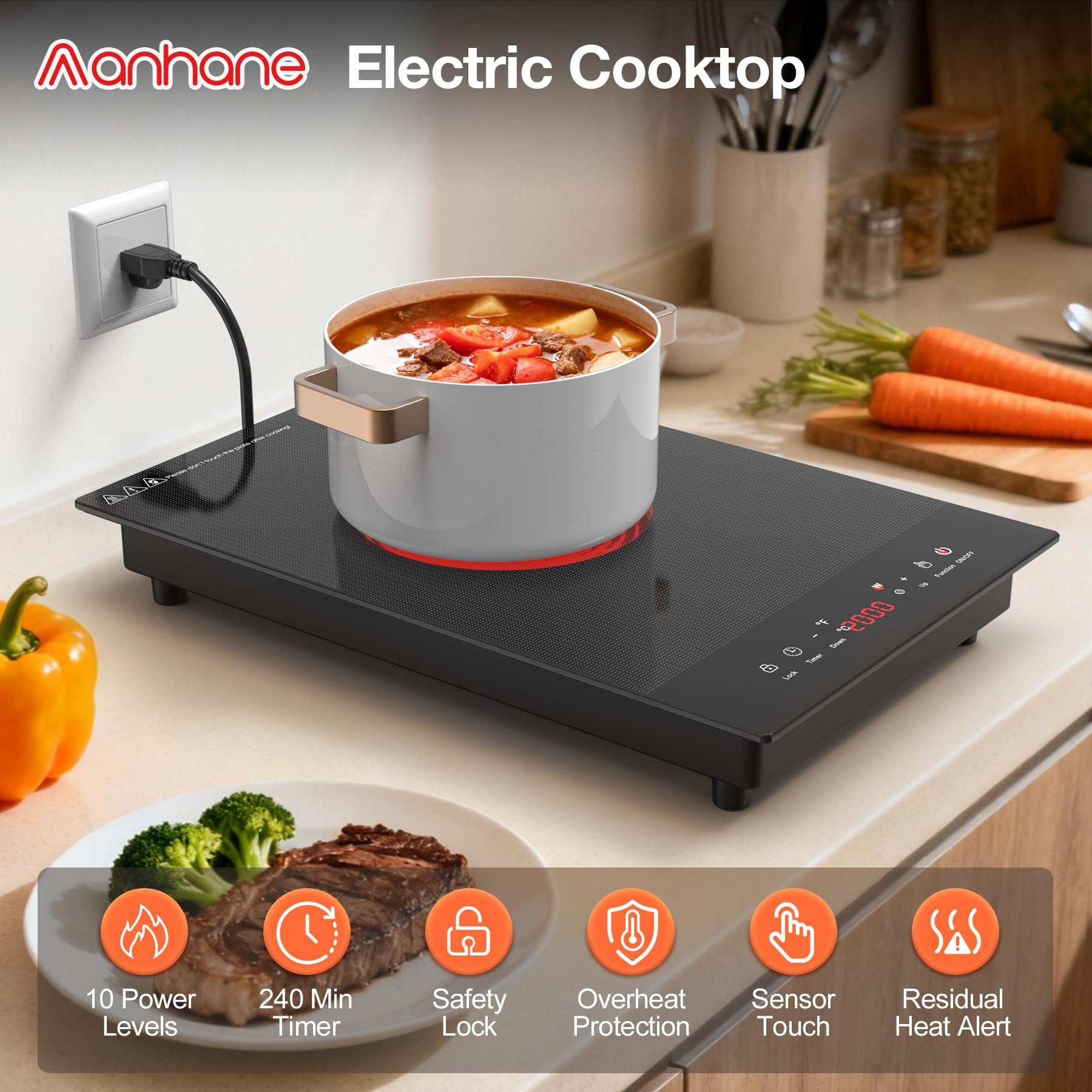 Electric Cooktop, ANHANE 1800W Portable Stove Top, 12" Infrared Single Burner Hot Plate for Cooking, Countertop Ceramic Radiant Cooker with Timer & Child Lock, All Cookware Compatible for RV/Dorm view 2