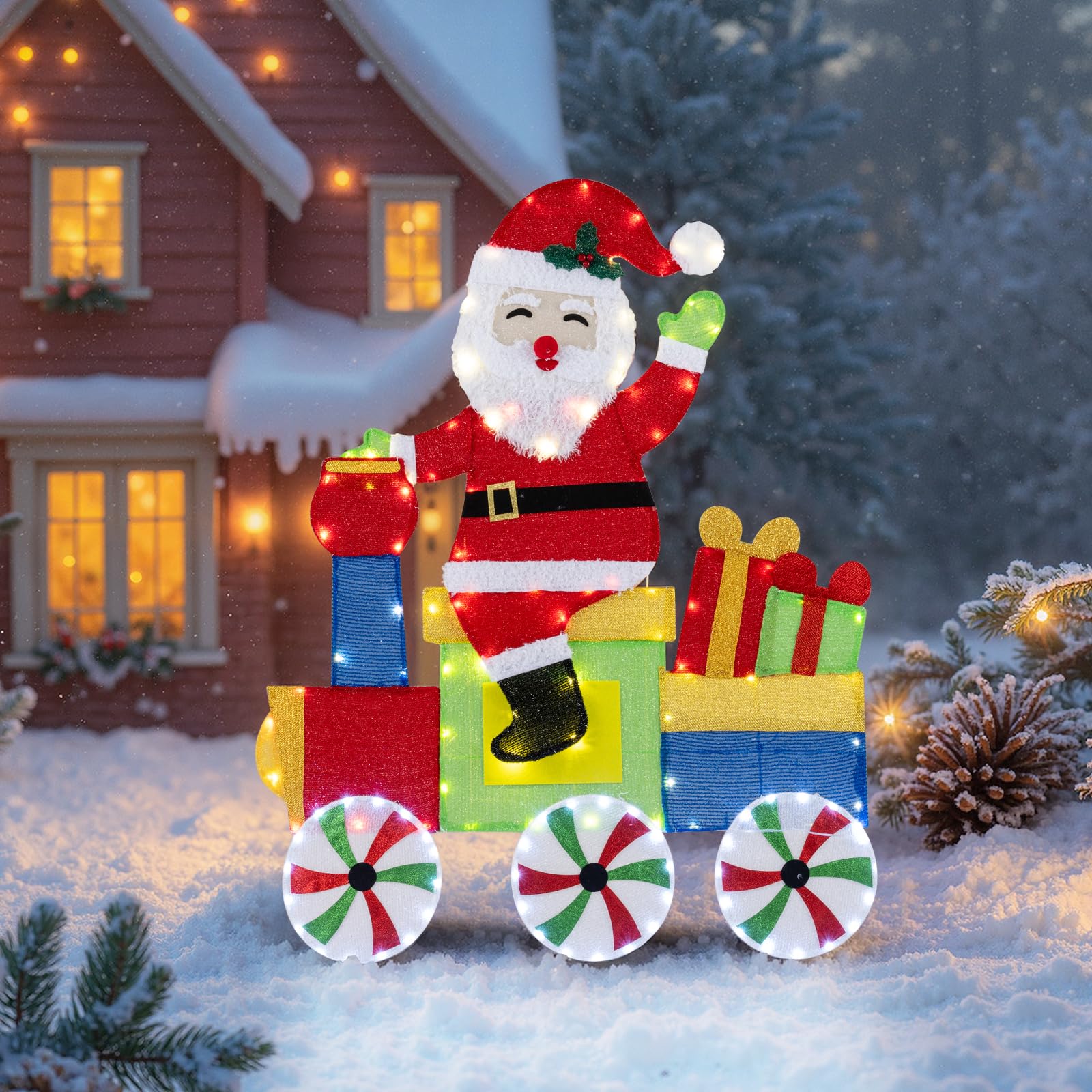 GOPLUS Decoración Navideña Exterior con Papá Noel en Tren y 133 Luces LED