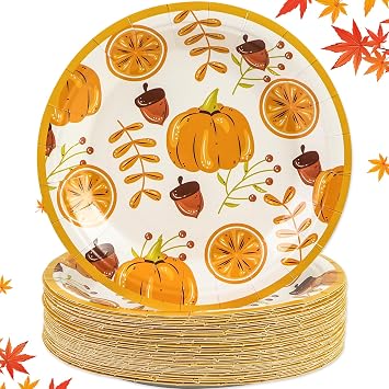 50 Pack Fall Paper Plates,7inch Disposable Fall Maple Leaf Paper Dinner Party Plates for Thanksgiving Pumpkins Birthday Holiday Family Gatherings Parties Pumpkins