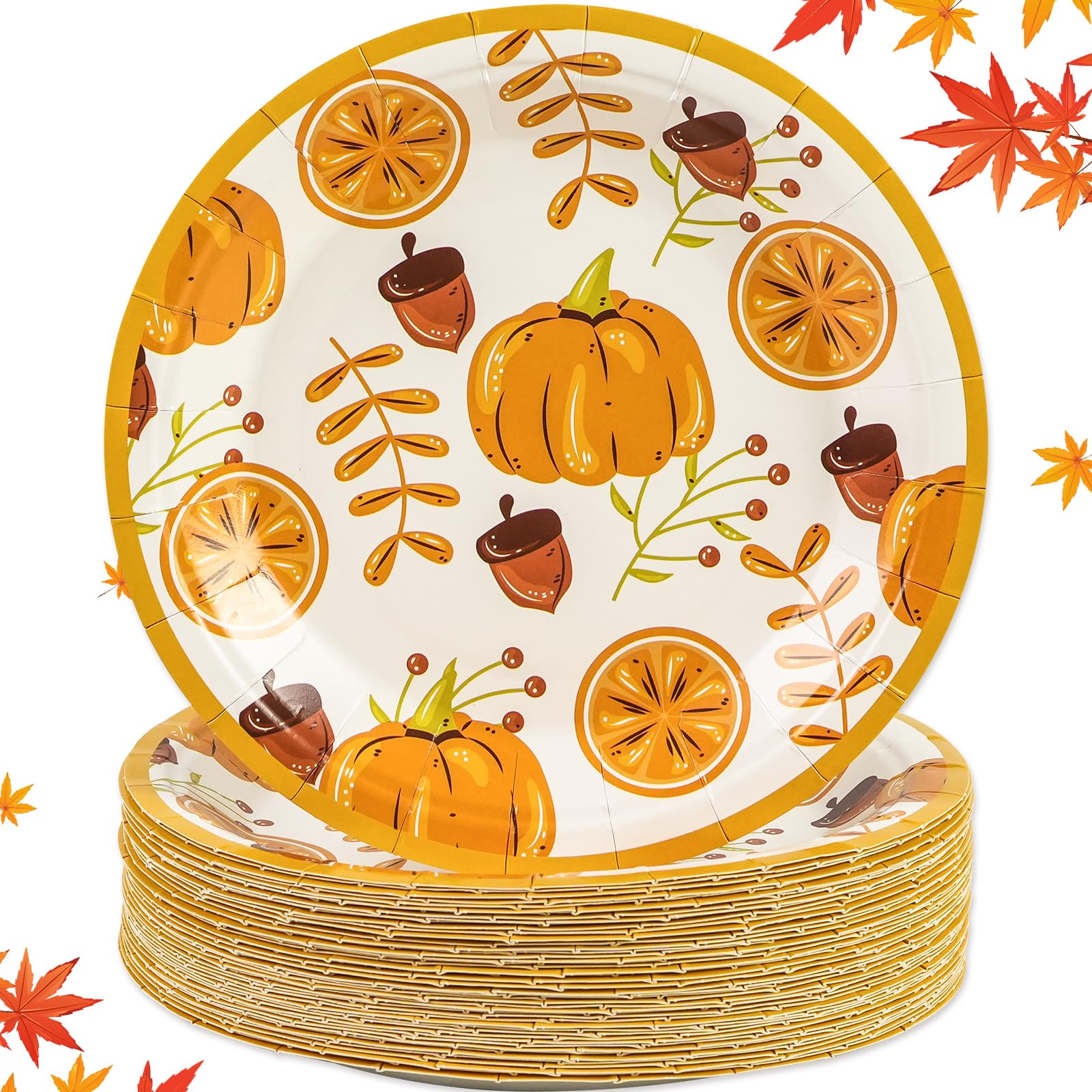 EVYIENEN 50 Pack Fall Pumpkins Paper Plates, 7 Inch Disposable Fall Maple Leaf Paper Dinner Party Plates for Birthday Holiday Family Gatherings Parties