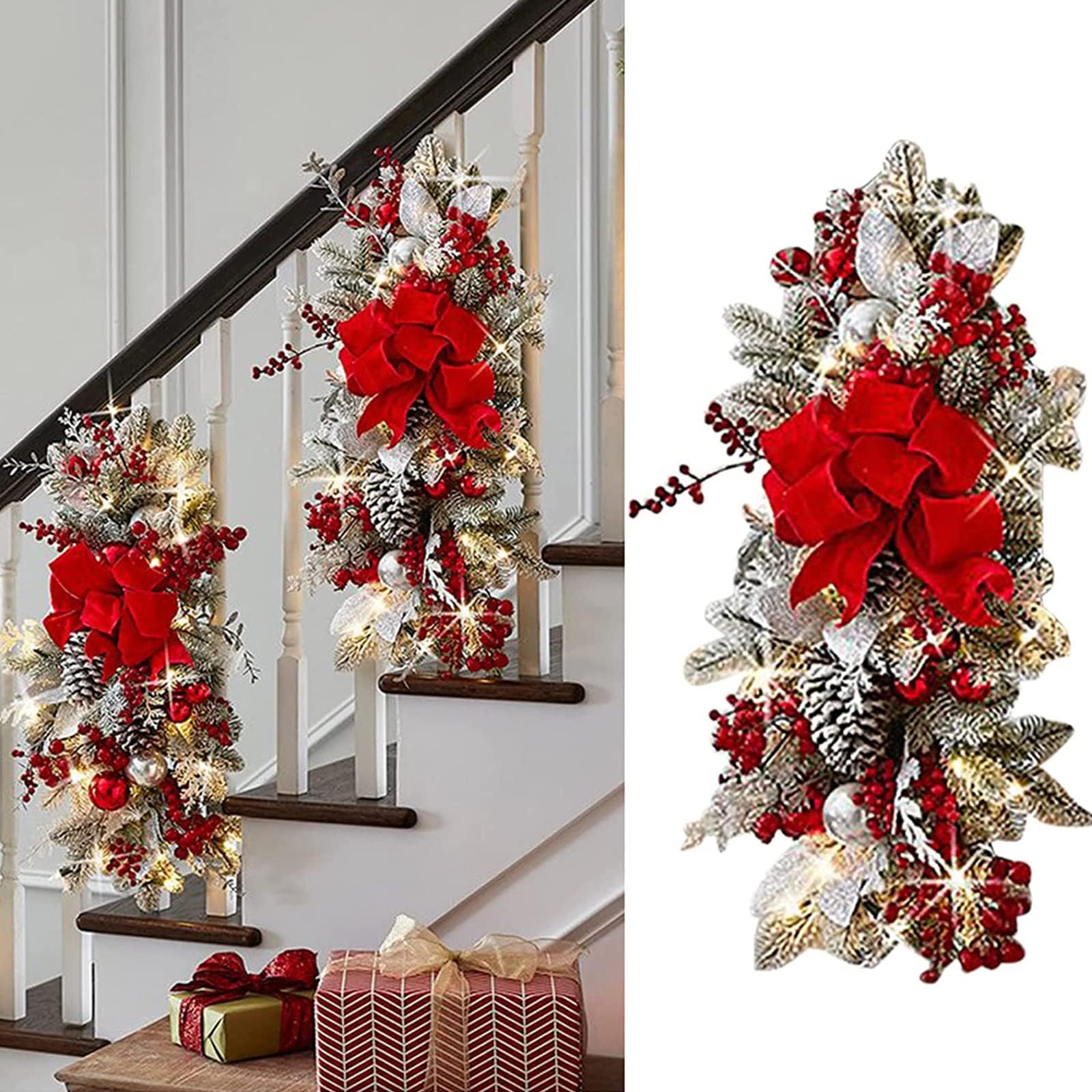 23.6IN Artificial Christmas Swag Teardrop Swag Christmas Garland, Xmas Simulation Staircase Decoration Hanging Pendant Stair Swags for Front Door Wall Window (Red)